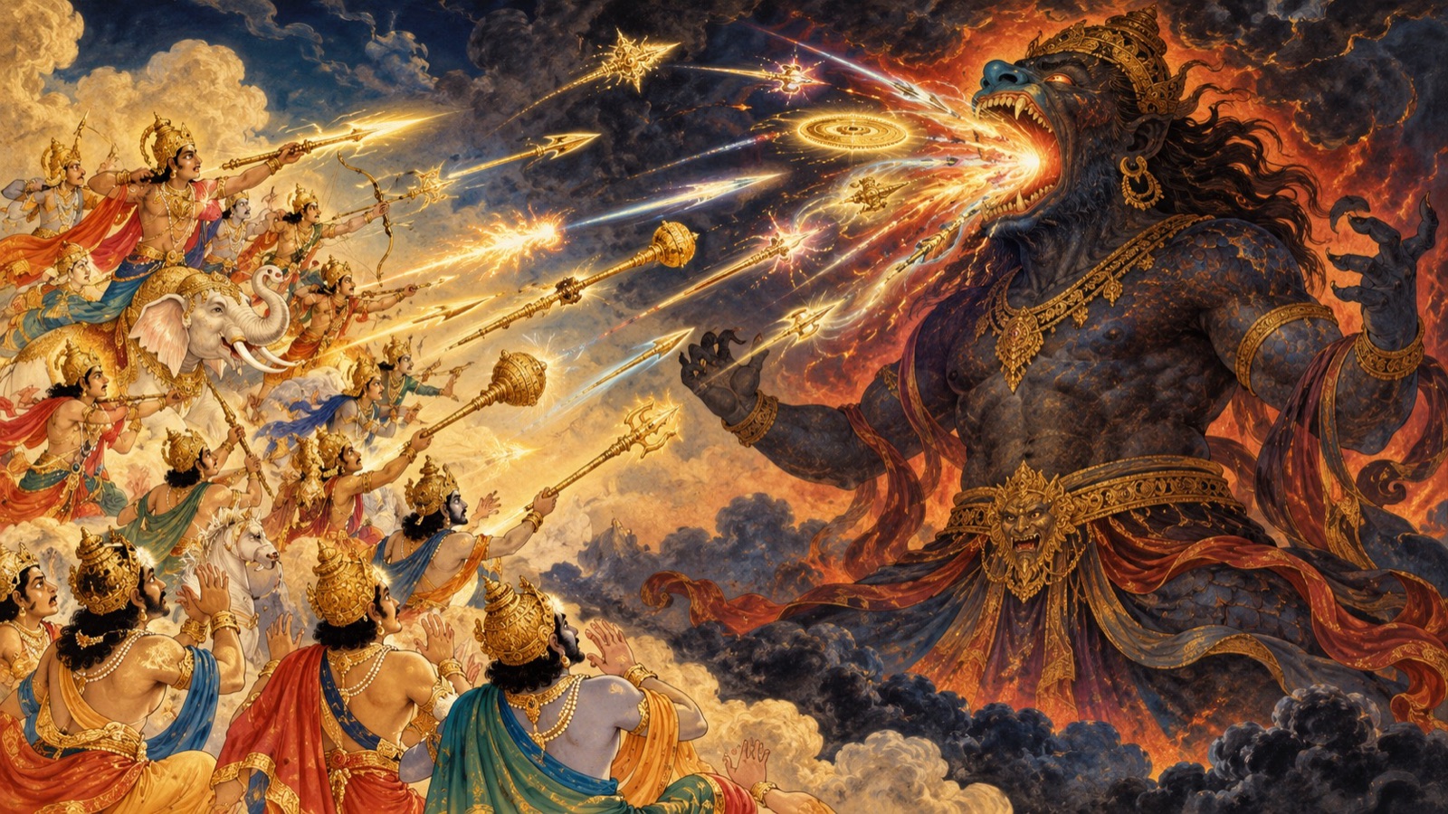 The demon Vritra swallowing the celestial missiles and weapons hurled by the generals of the gods