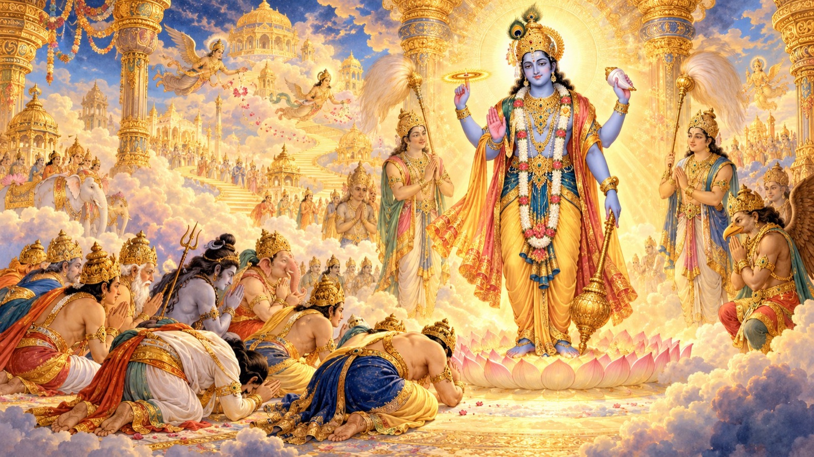 Lord Narayana appearing with conch, discus and mace before the prostrate praying gods