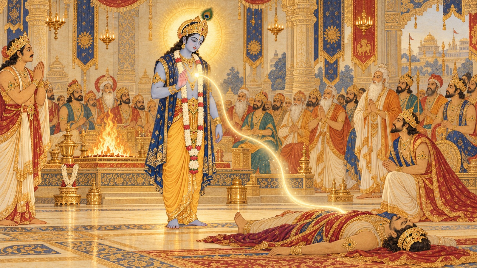 राजसूय यज्ञ में वध किए गए शिशुपाल से उठती ज्योति भगवान् कृष्ण में विलीन होती हुई