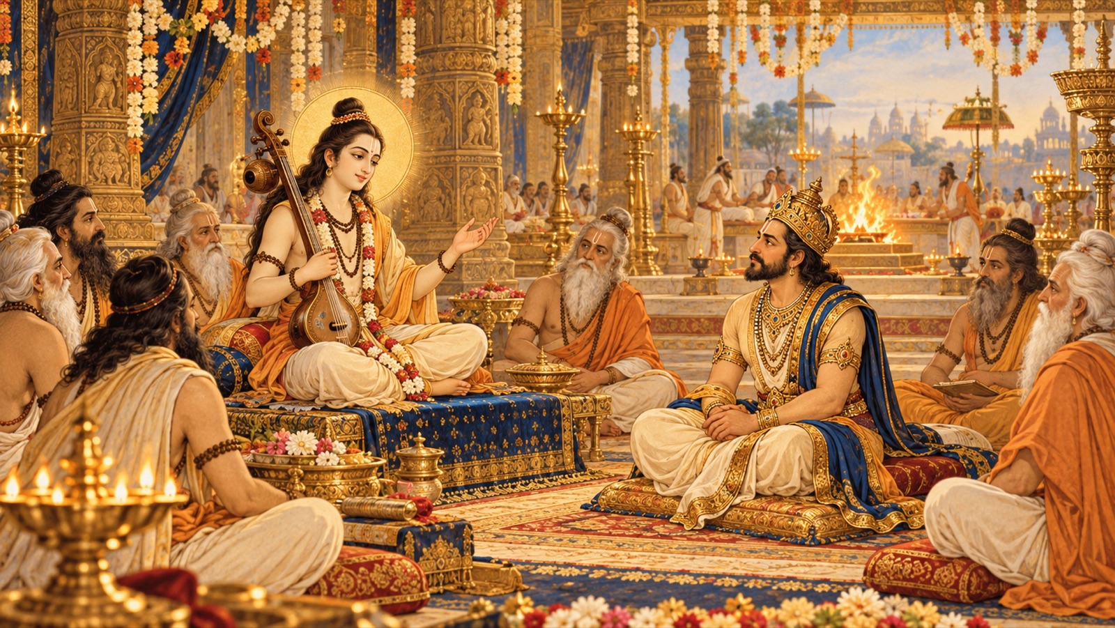 राजसूय यज्ञ-मण्डप में नारद ऋषि सम्राट युधिष्ठिर तथा एकत्रित ऋषियों को उपदेश देते हुए