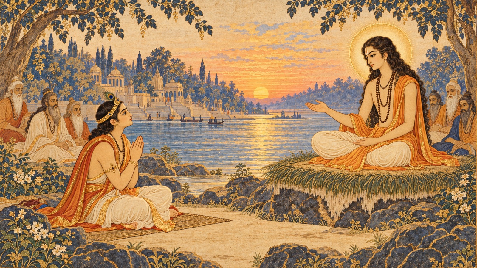 King Parikshit seated before Sukadeva Gosvami on the bank of the Ganga, asking an earnest question