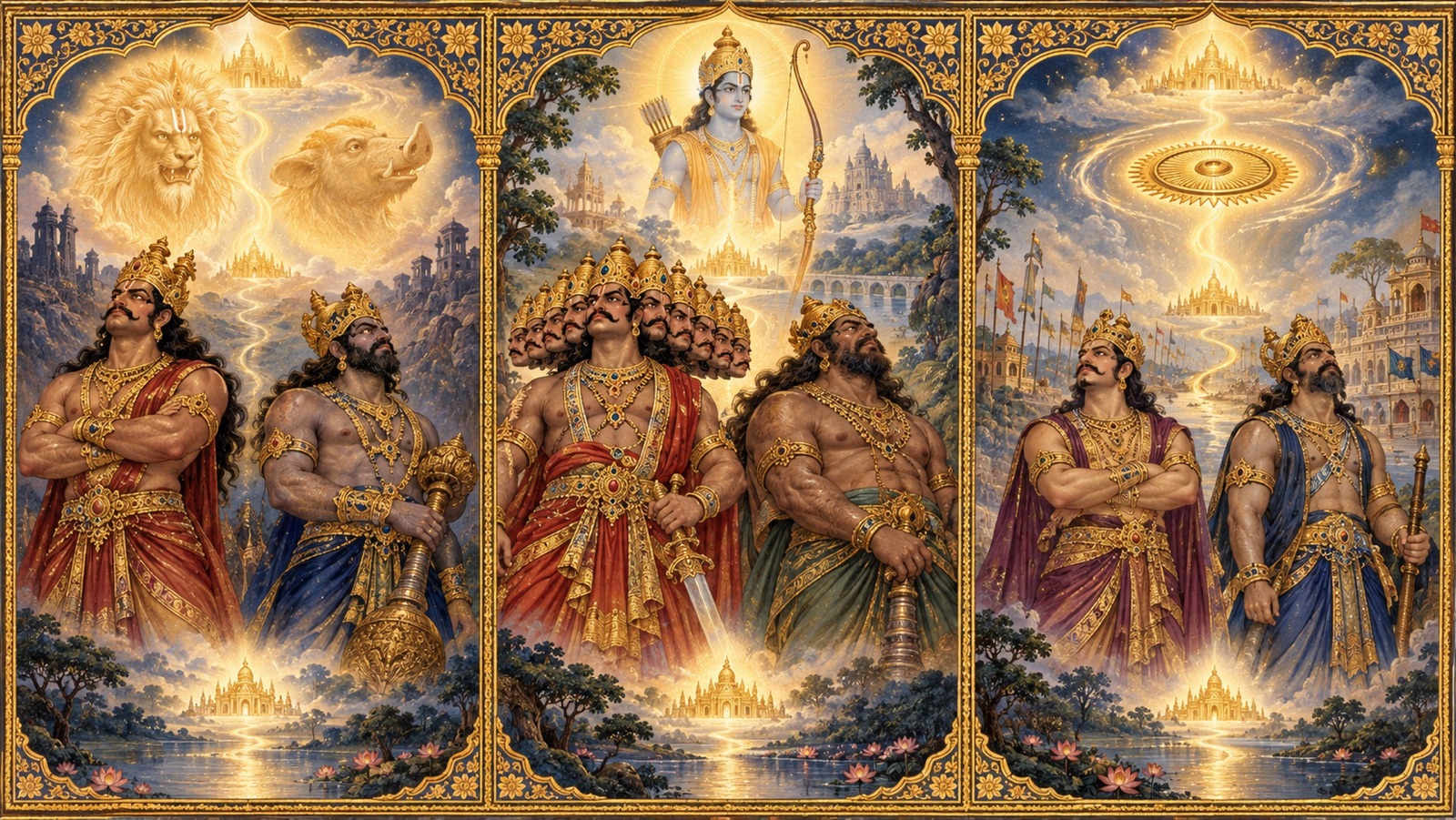 A symbolic triptych of the three demoniac births of Jaya and Vijaya, each pair freed by the Lord's descents