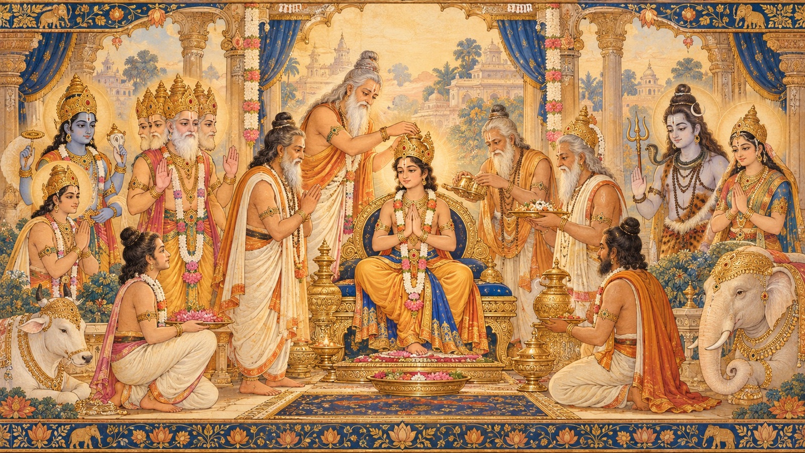 ऋषियों द्वारा प्रह्लाद का दैत्यों के राजा के रूप में राज्याभिषेक, ब्रह्मा तथा देवगण आशीर्वाद देते हुए