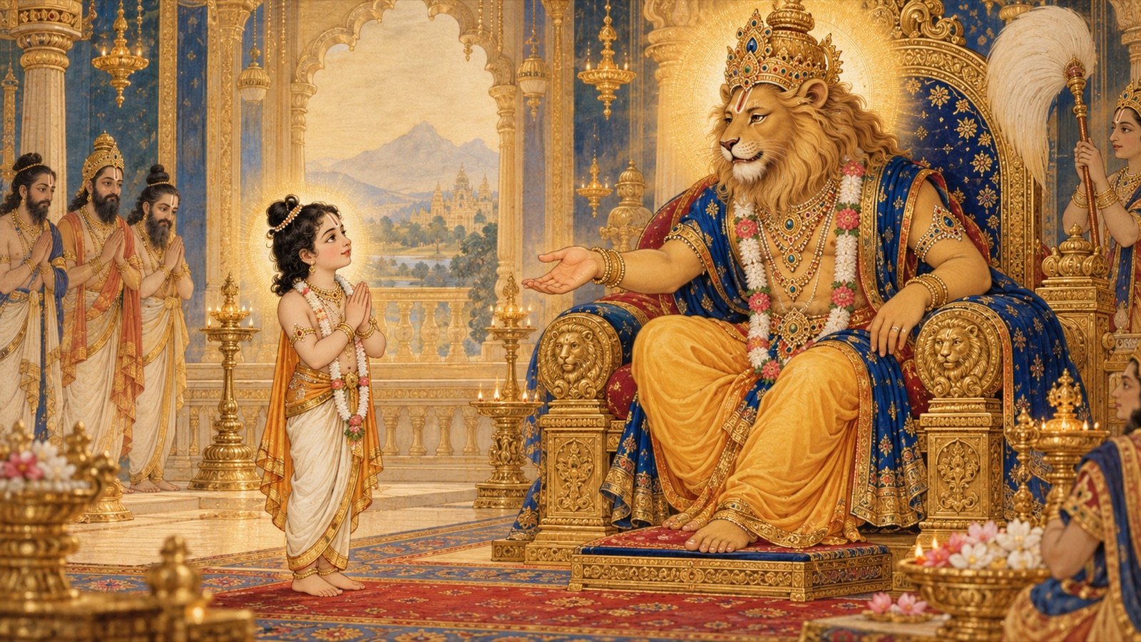 The child Prahlada with folded hands declining the boons offered by the Lord