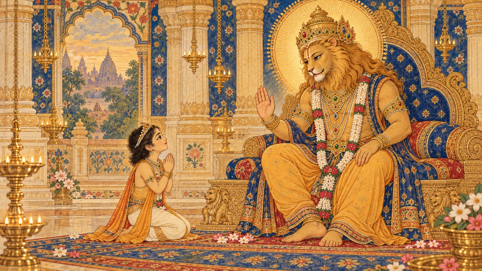 Prahlada praying for the forgiveness of his father before the Lord