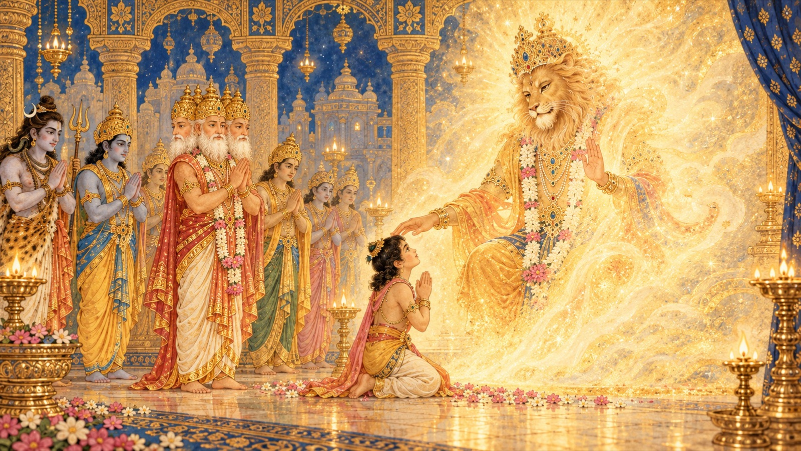 The Lord blessing Prahlada and vanishing as Brahma and the gods worship Him