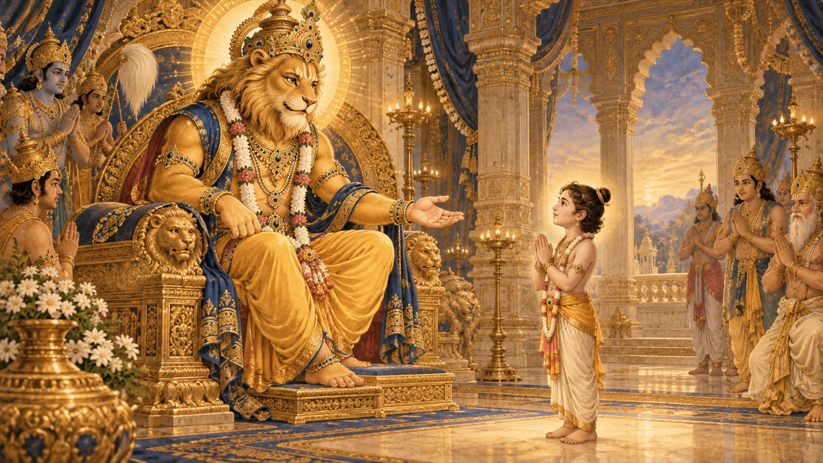 The Lord Narasimha offering boons to the child Prahlada in the royal court