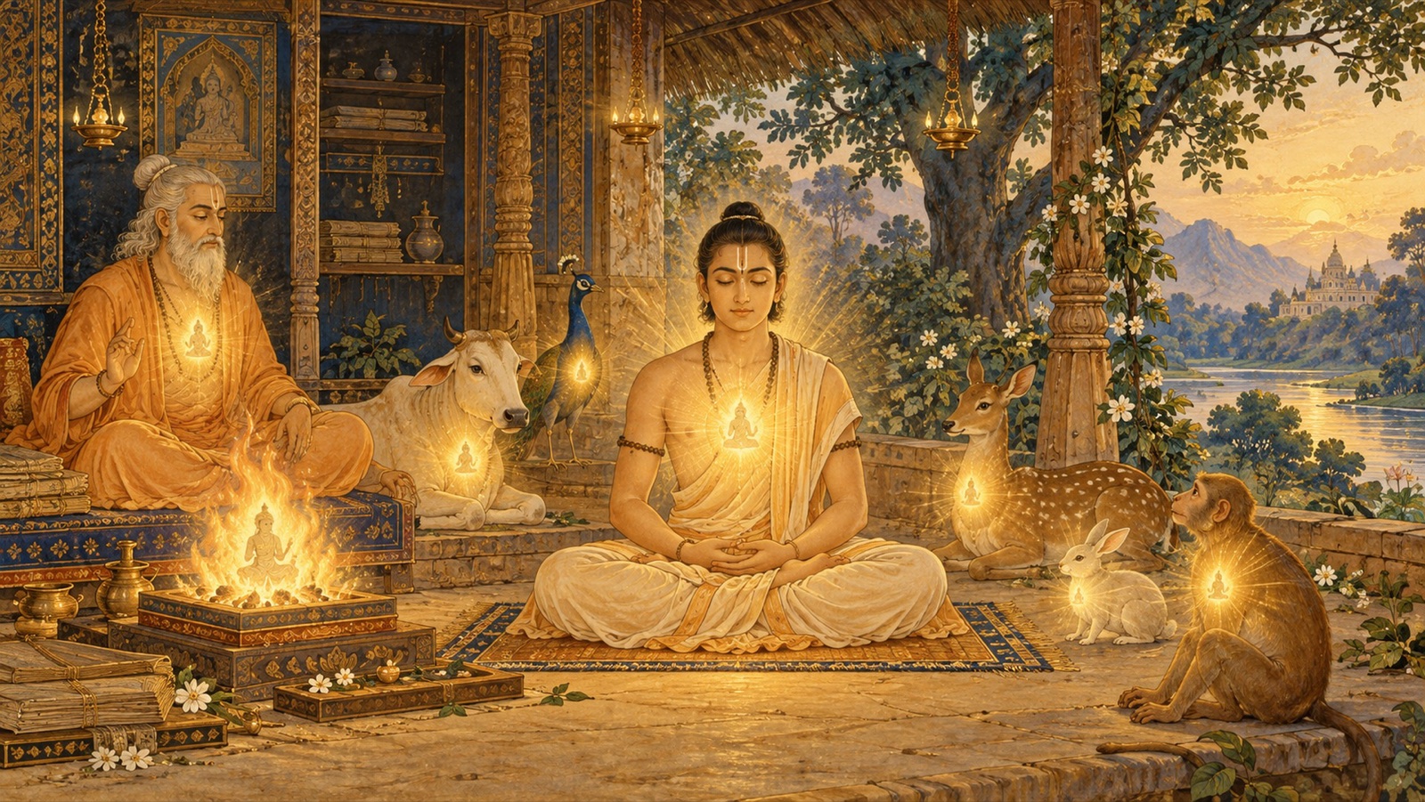 एक भक्त भगवान् को यज्ञाग्नि, गुरु, स्व, तथा समस्त प्राणियों के भीतर विद्यमान देखते हुए