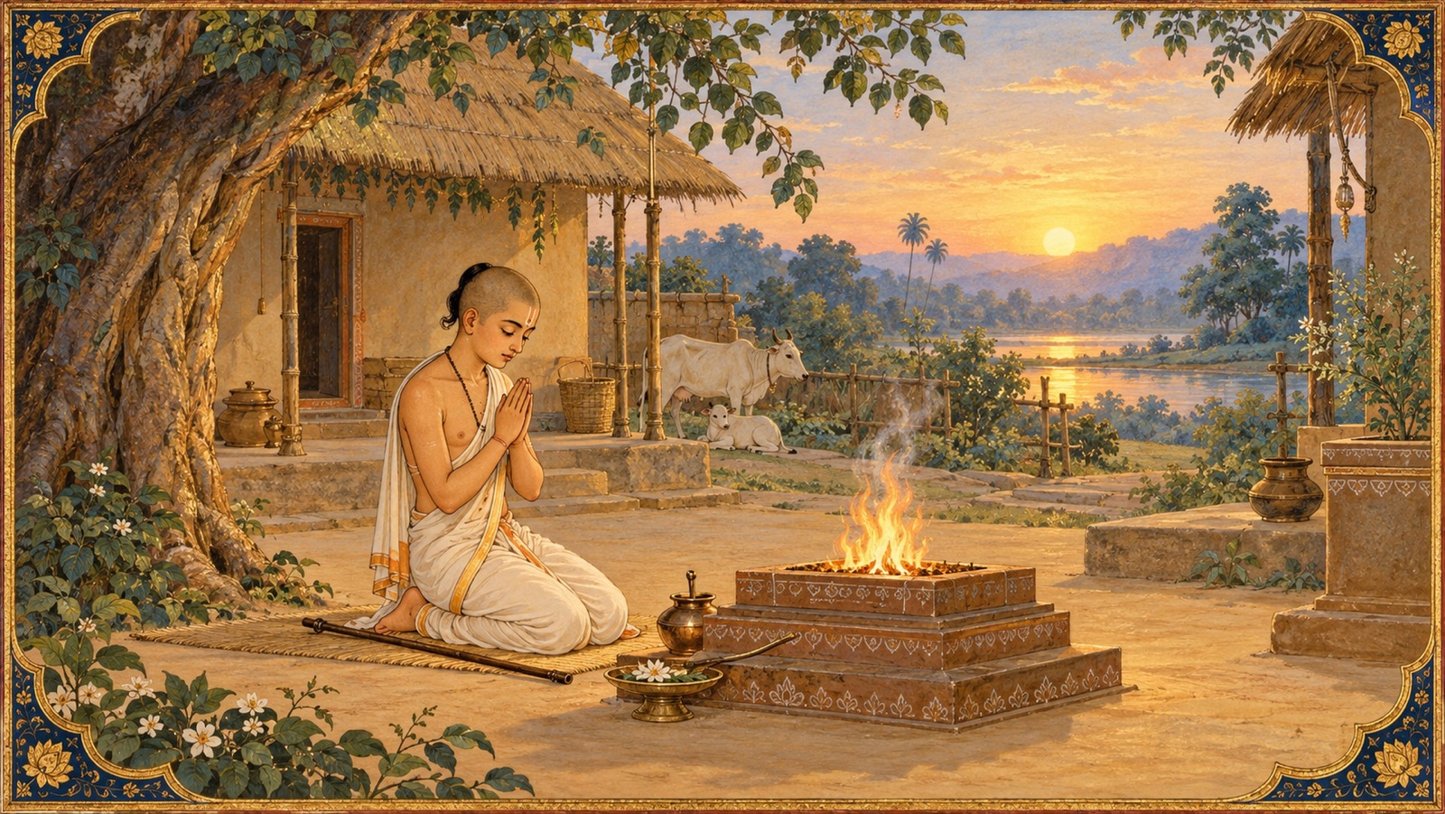 A celibate student worshipping the sacred fire at dawn while reciting the Gayatri