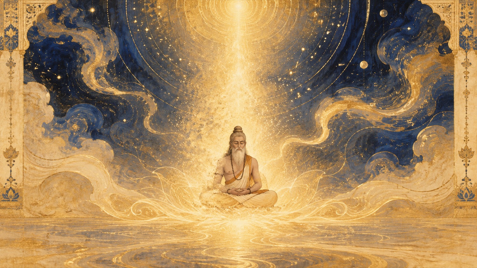 A serene sage in deep meditation, resting in the pure imperishable self