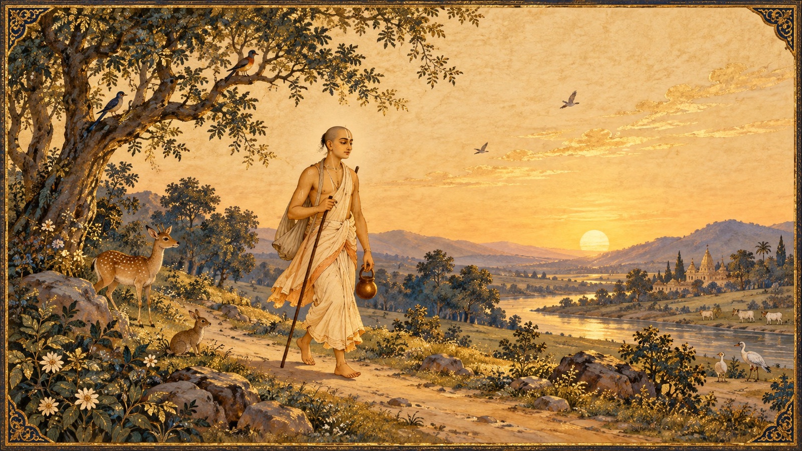 एक अकेला संन्यासी केवल दण्ड तथा कमण्डलु के साथ पृथ्वी पर विचरण करते हुए
