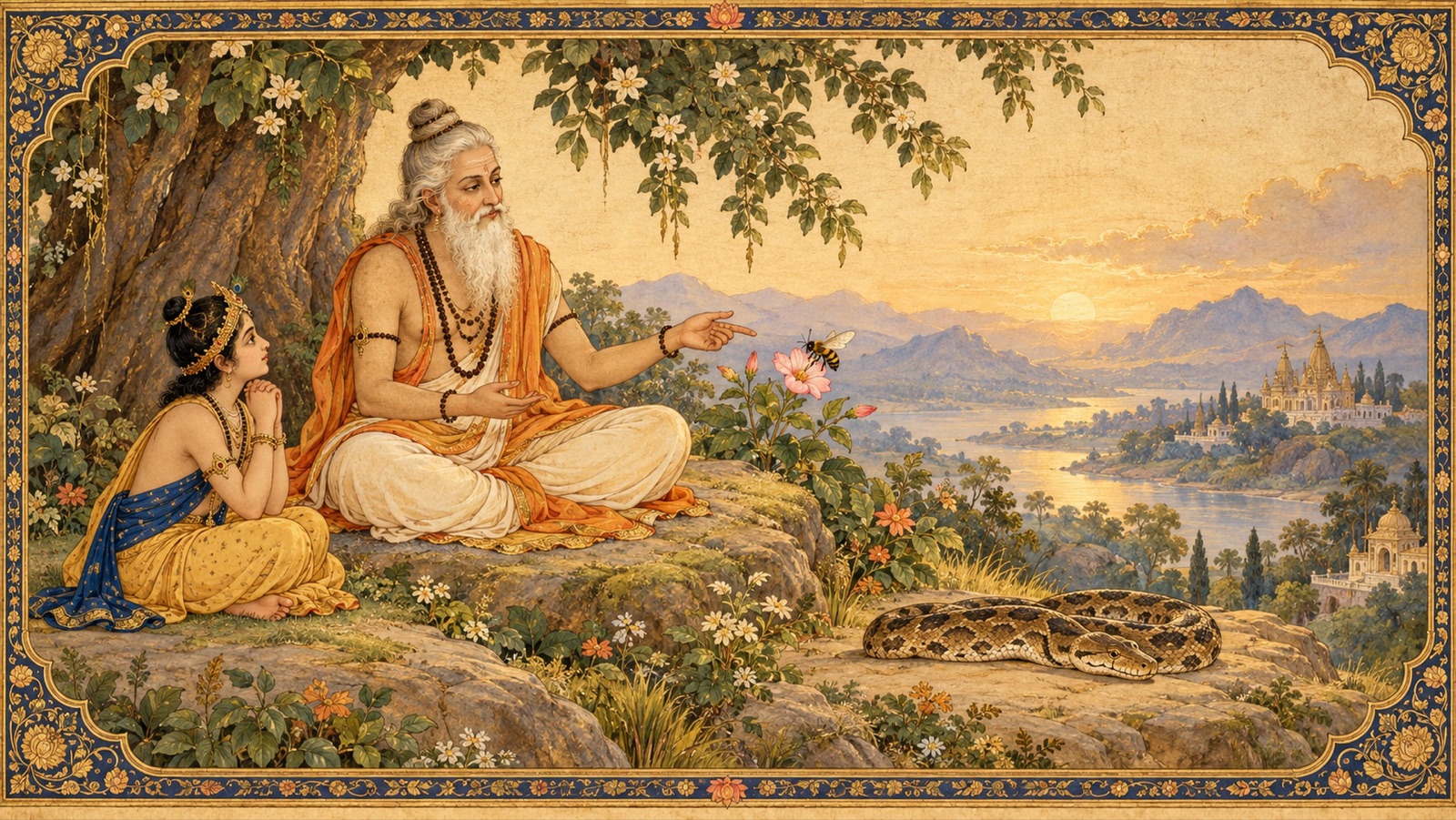 सन्त अवधूत प्रह्लाद को मधुमक्खी तथा अजगर की शिक्षाएँ बताते हुए