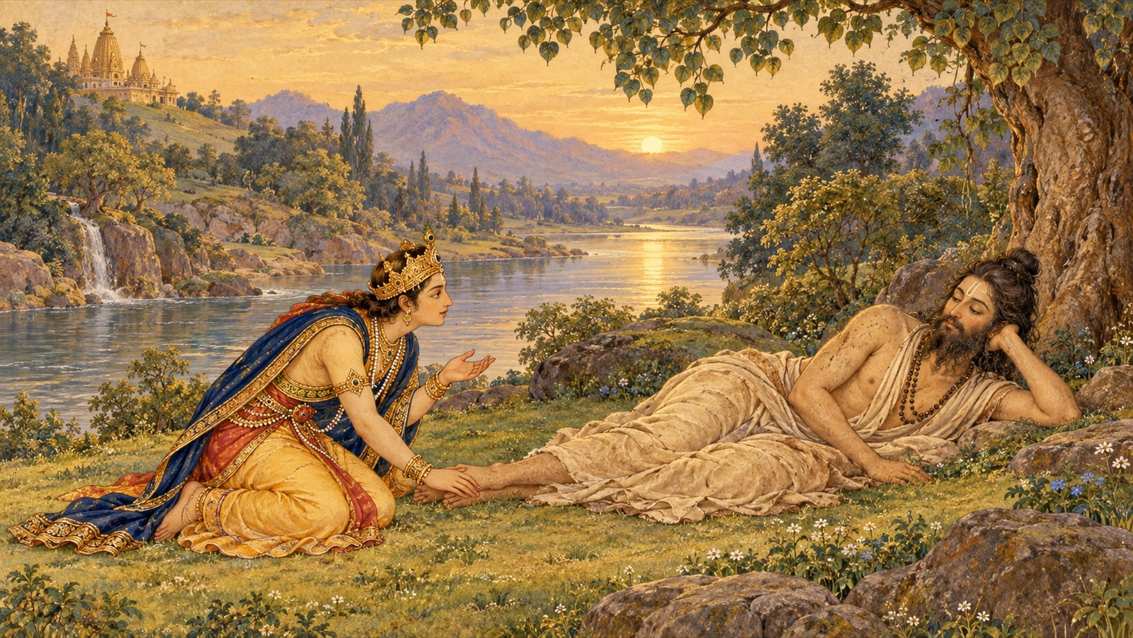 Prahlada bowing to touch the feet of a dust-covered saint lying on the ground