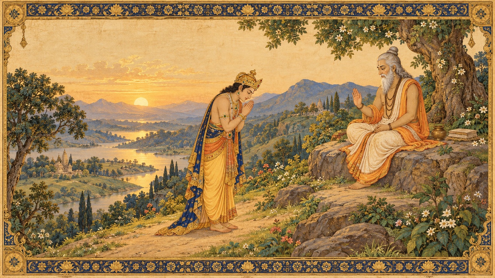 Prahlada worshipping the saint with reverence before taking his leave