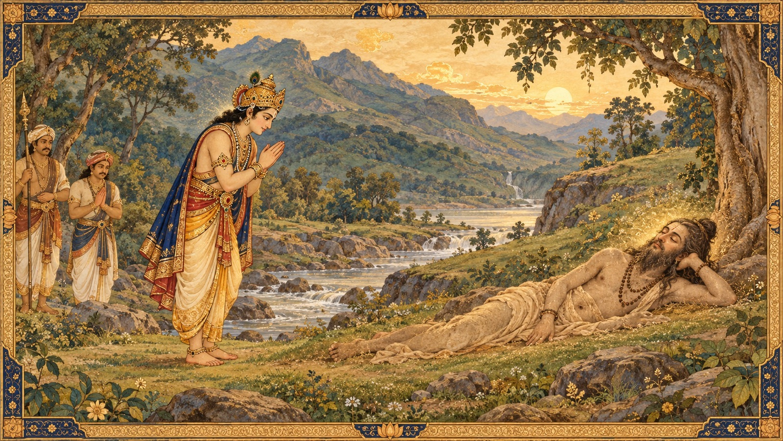 The devotee-king Prahlada meeting a dust-covered saint lying on the ground in the Sahyadri hills