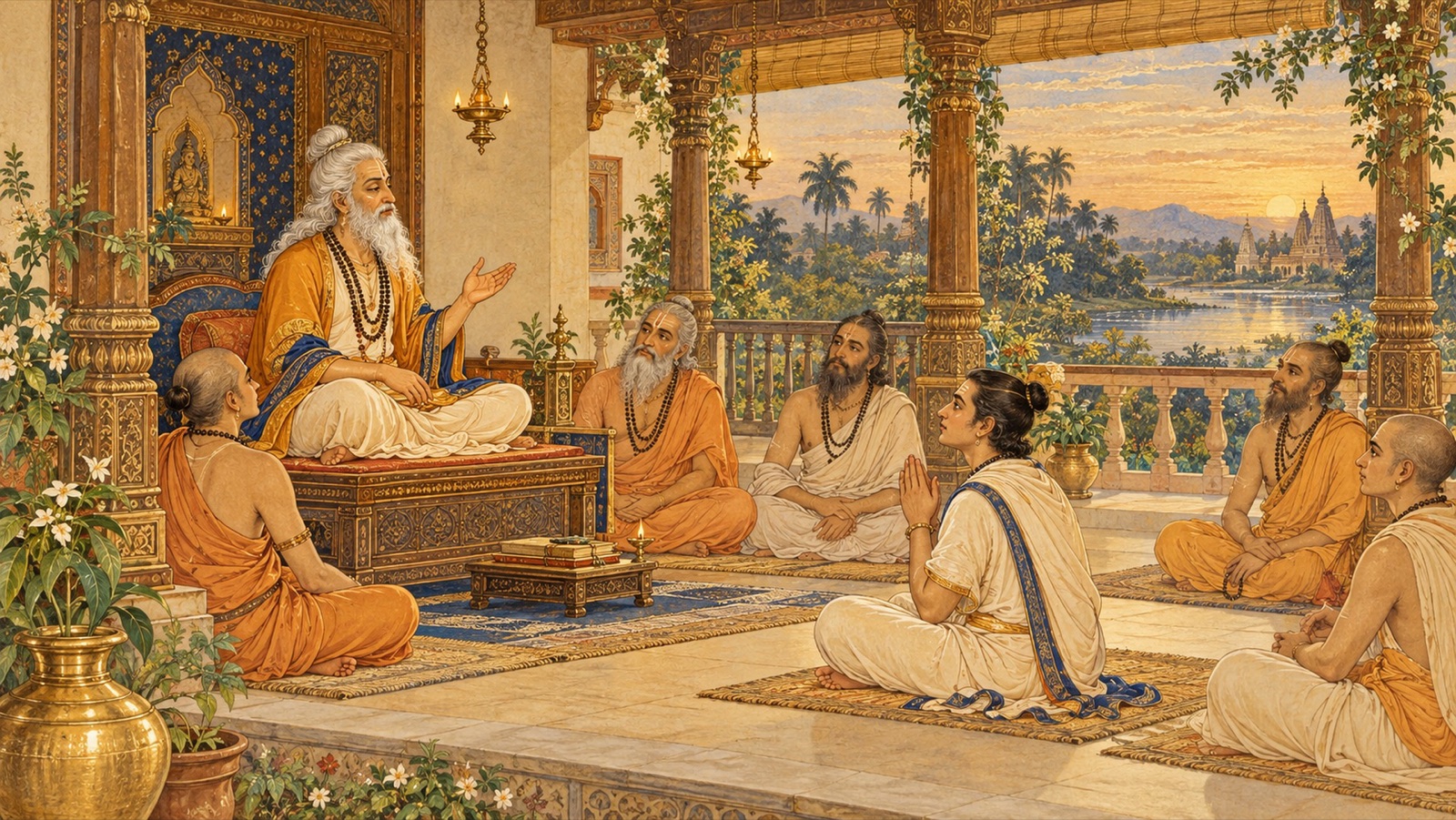 एक गृहस्थ घर पर सन्तों के संग में भगवान् की कथाएँ सुनते हुए