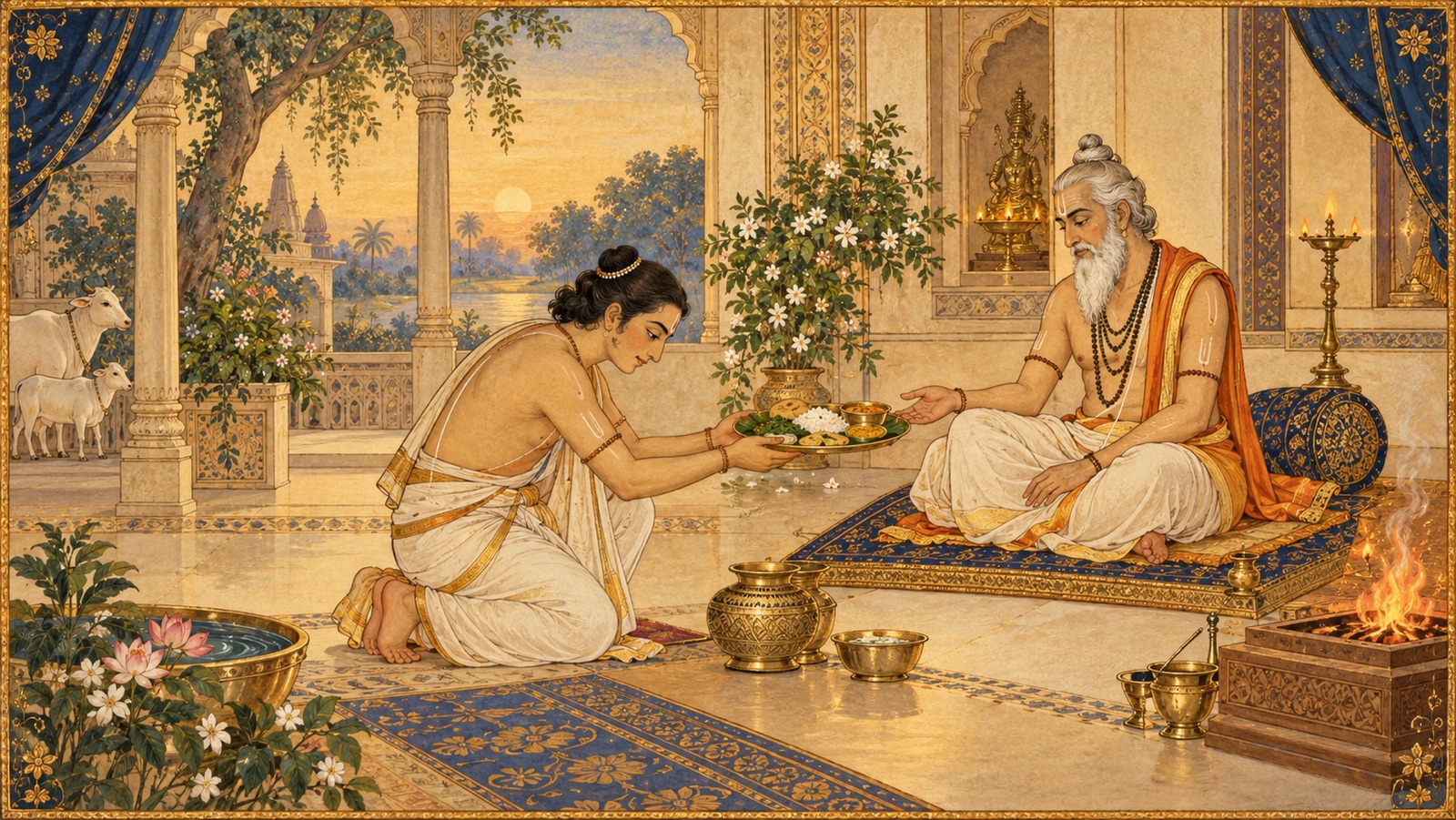 एक गृहस्थ भगवान् की पूजा के रूप में ब्राह्मण तथा अतिथि को श्रद्धा से भोजन अर्पित करते हुए
