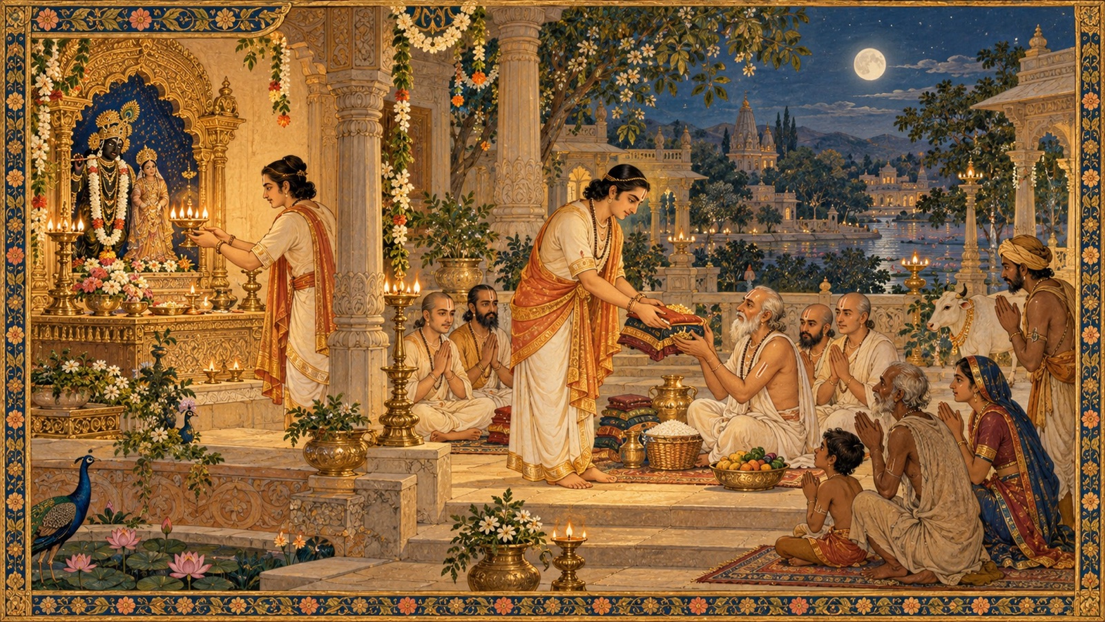 एक गृहस्थ पावन दिन को पूजा तथा दान से सम्मानित करते हुए, भगवान् के भक्तों की श्रद्धा करते हुए