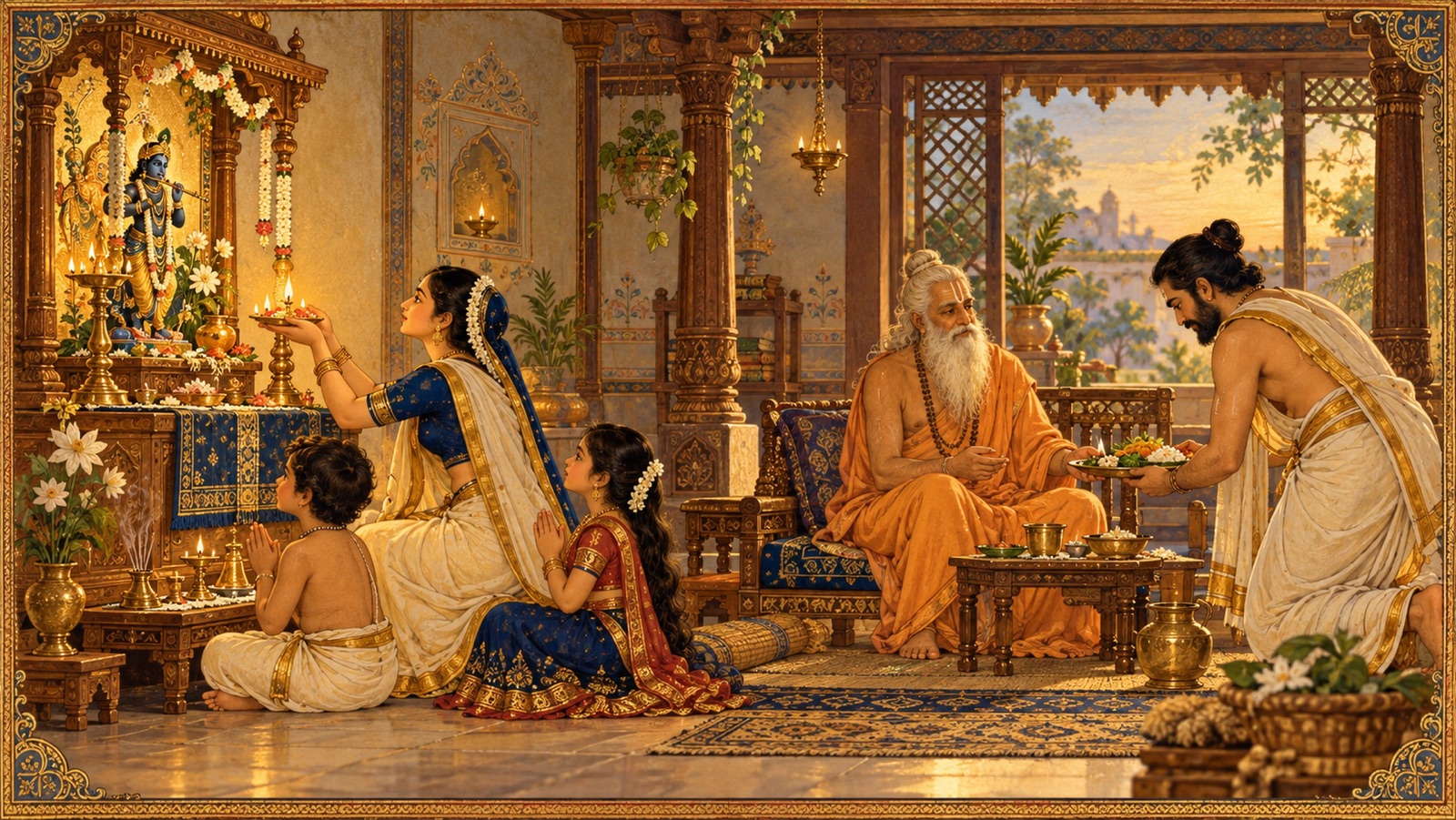 एक भक्त गृहस्थ परिवार घर पर भगवान् की पूजा तथा सन्तों की सेवा करते हुए