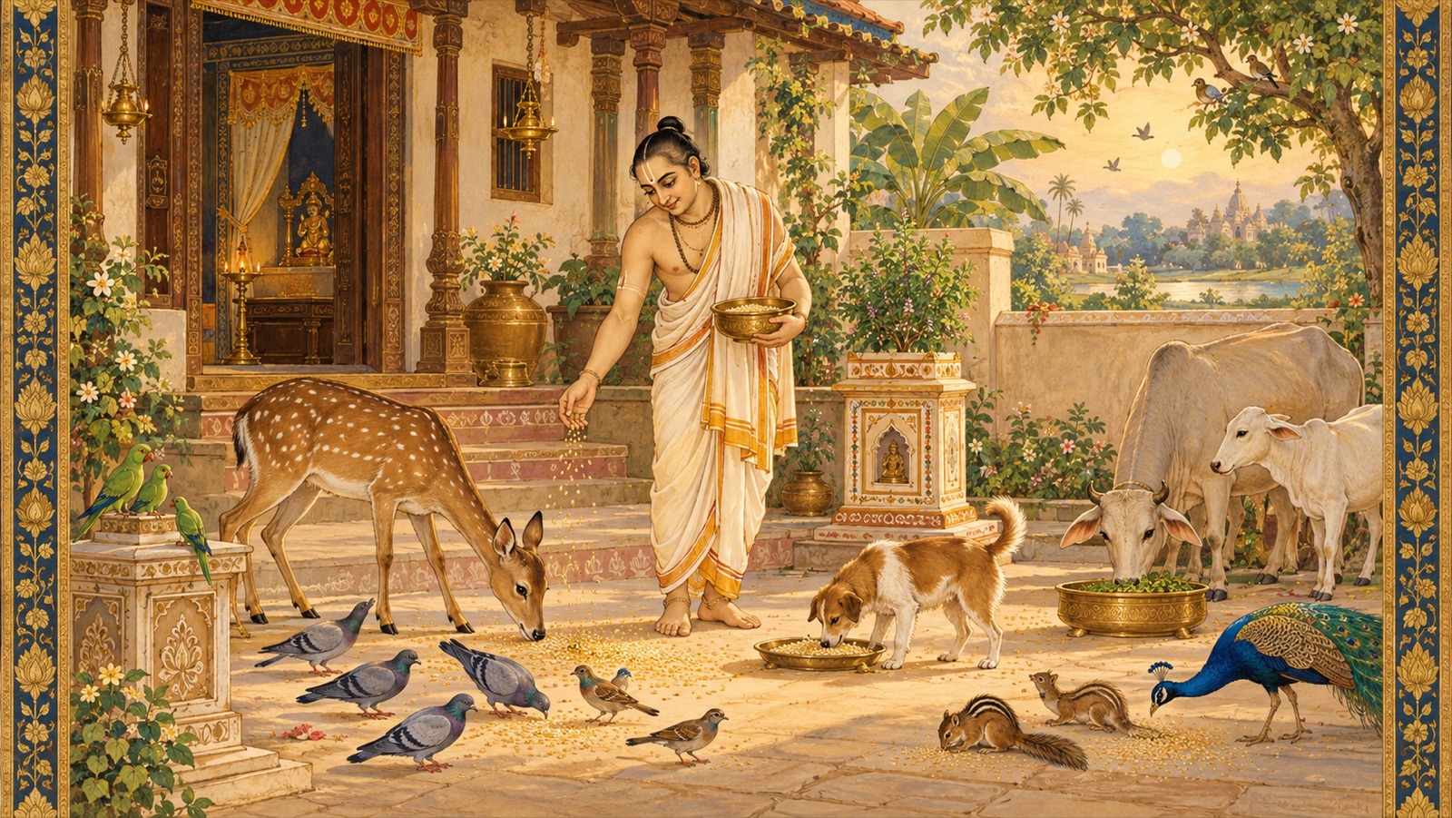 A householder compassionately sharing food with birds and animals at his home