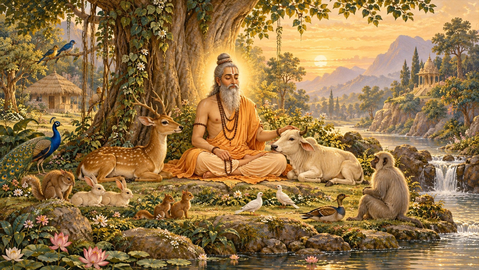 एक शान्त ऋषि समस्त प्राणियों के प्रति अहिंसा तथा सन्तोष को मूर्त करते हुए