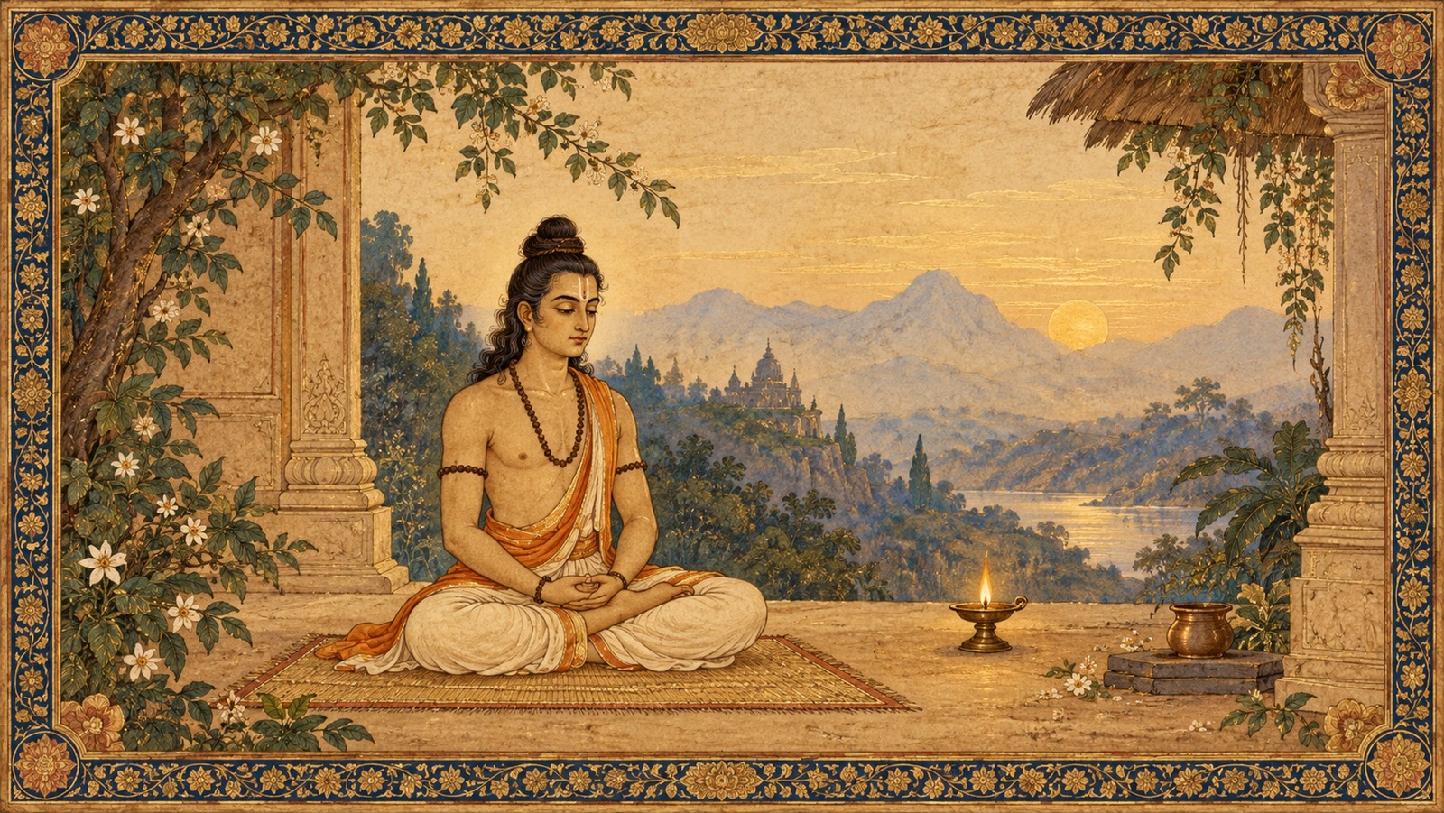 एक योगी स्वच्छ एकान्त स्थान में ध्यानमग्न, मन अग्नि के समान शान्त जिसका ईंधन समाप्त हो चुका है