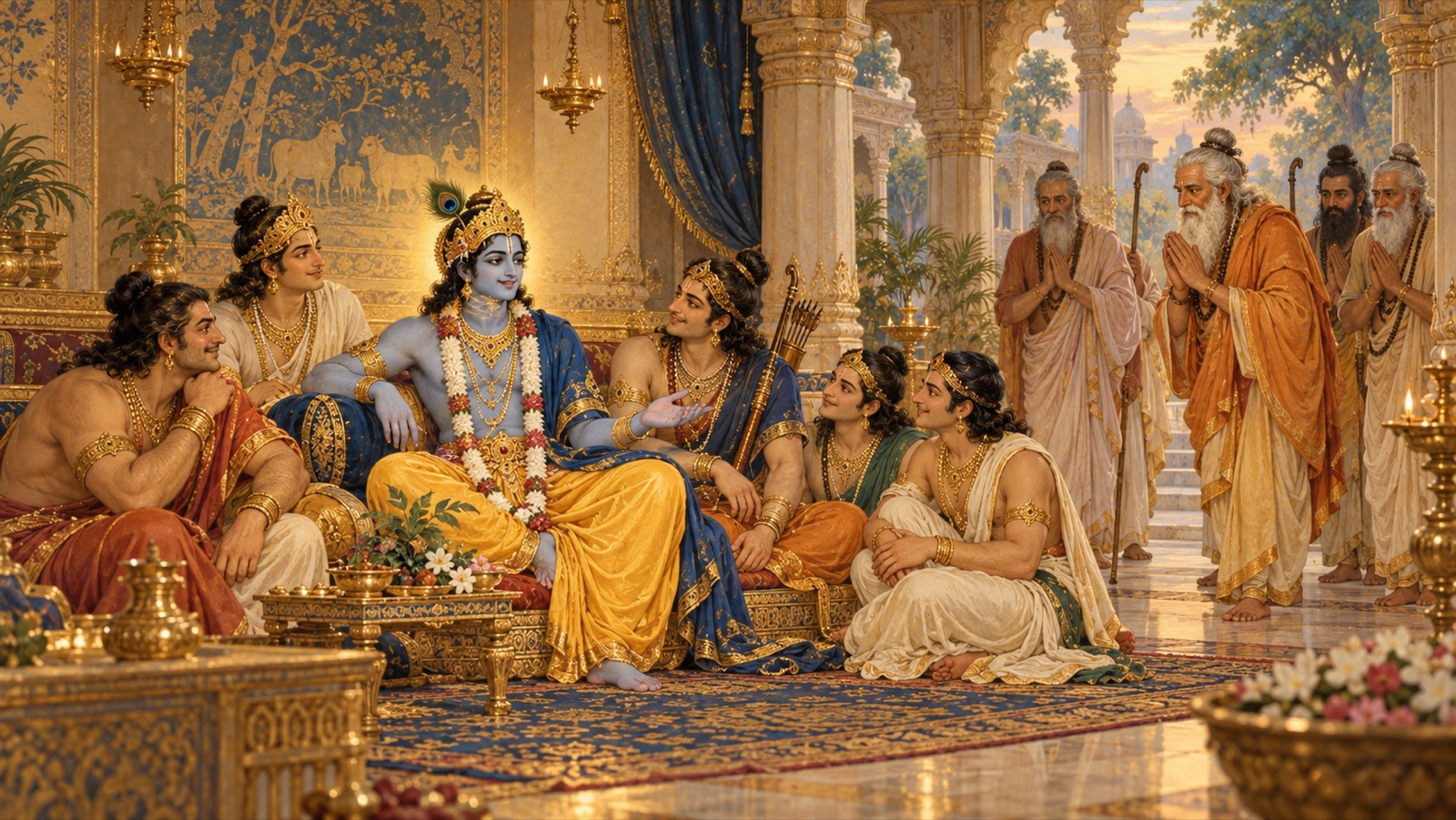 श्रीकृष्ण पाण्डवों के बीच उनके मित्र तथा बन्धु के रूप में विराजमान, परम रूप में प्रकट