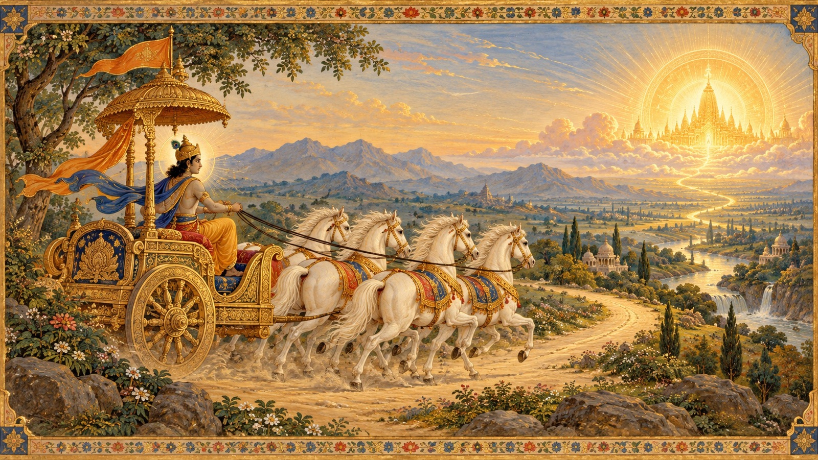 The symbolic chariot of the body, with the senses as horses and the intellect as charioteer