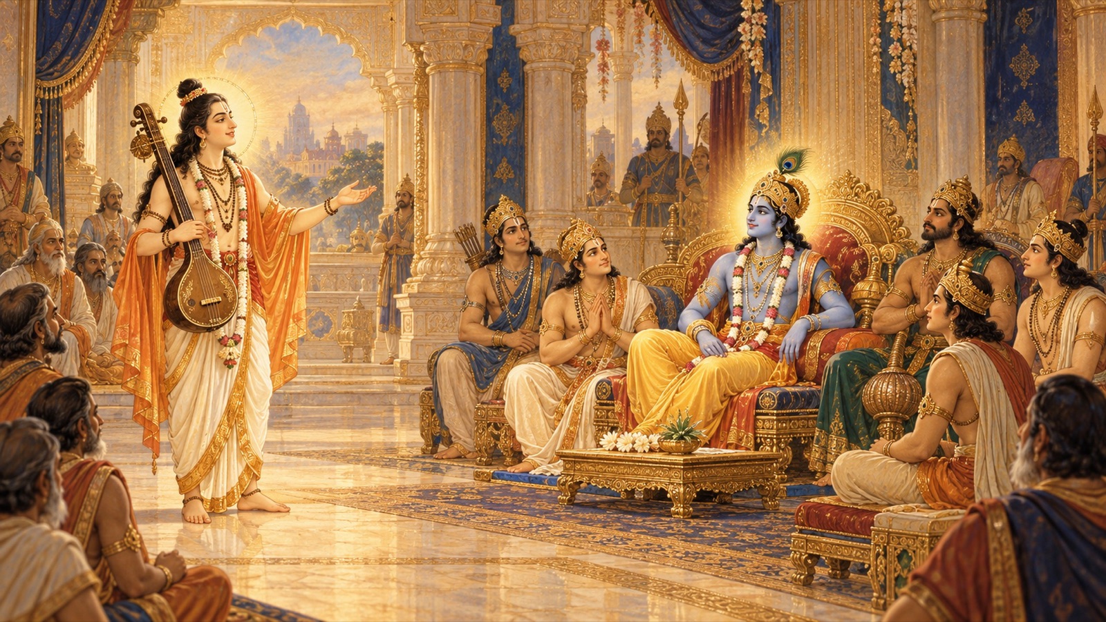 The sage Narada revealing that Sri Krishna, present in the Pandavas' assembly, is the Supreme Lord