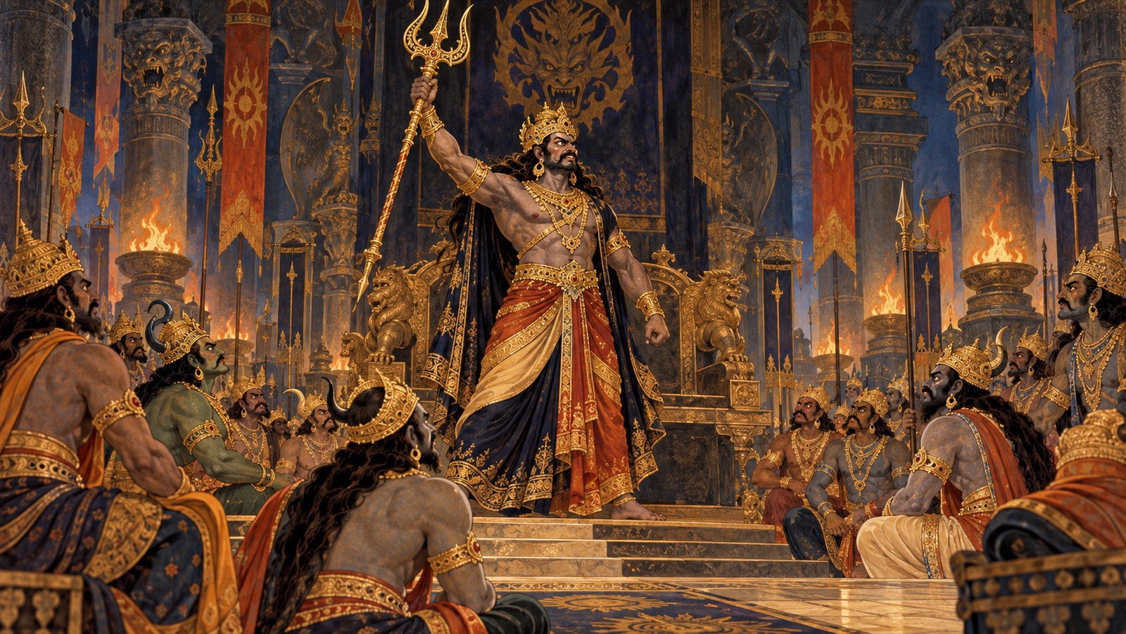 हिरण्यकशिपु अपने असुर-दरबार में त्रिशूल उठाकर प्रतिशोध की प्रतिज्ञा करते हुए
