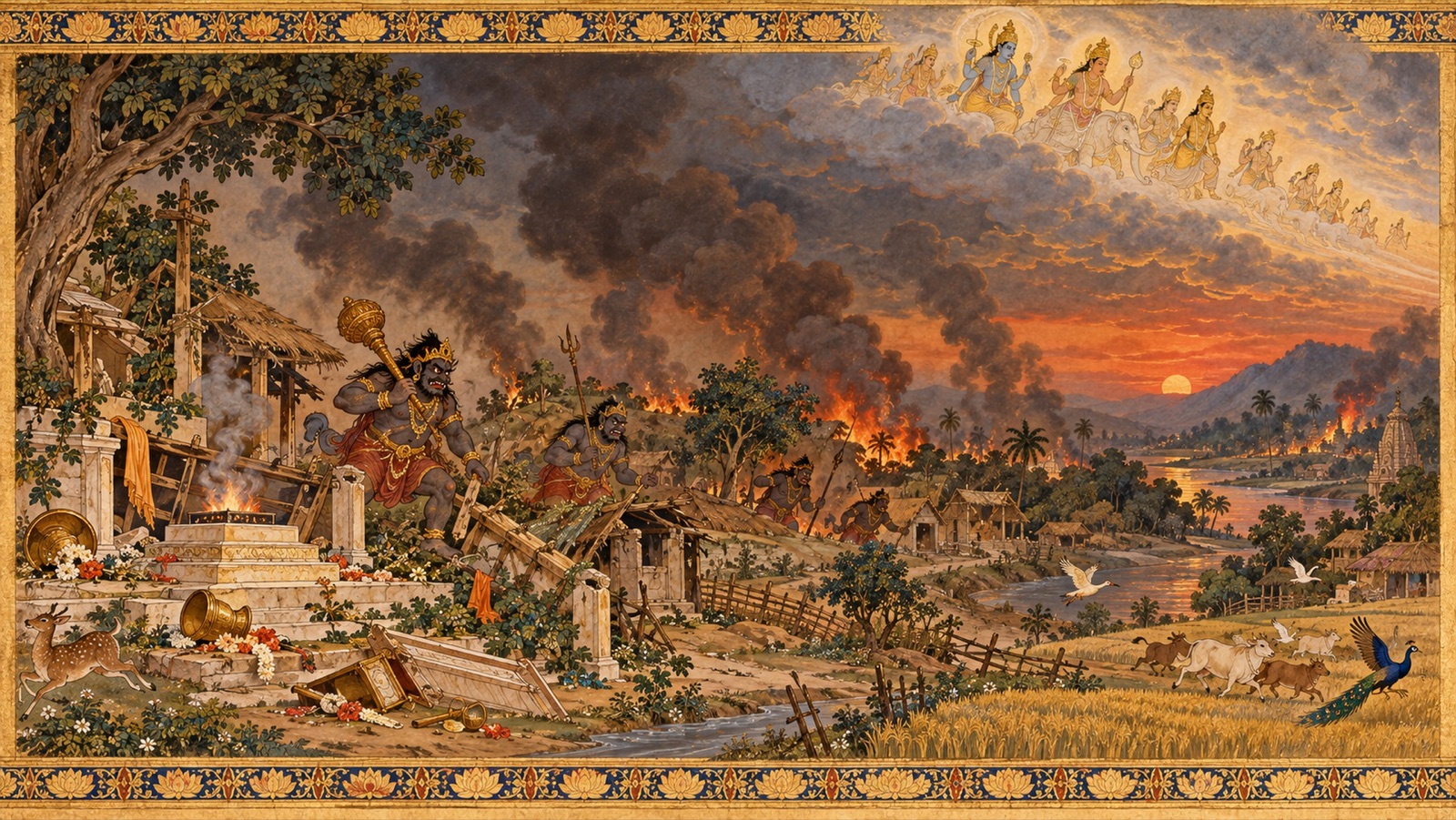 Demons ravaging the earth, burning hermitages and villages while the gods withdraw unseen