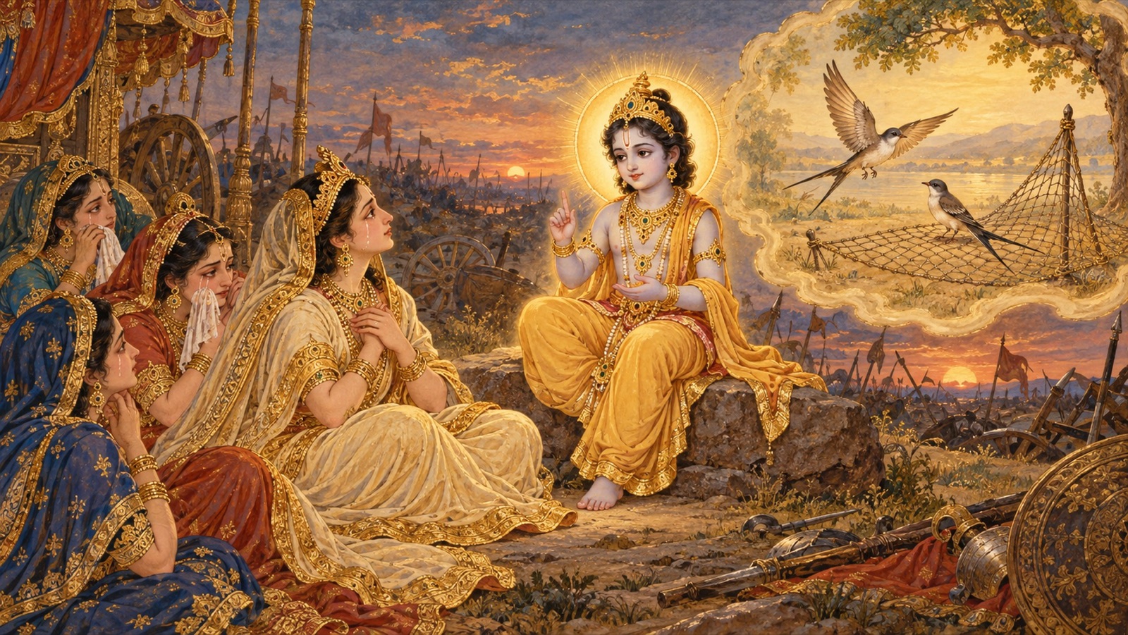 Yama in the form of a radiant child teaching the grieving queens, with a pair of birds and a net nearby