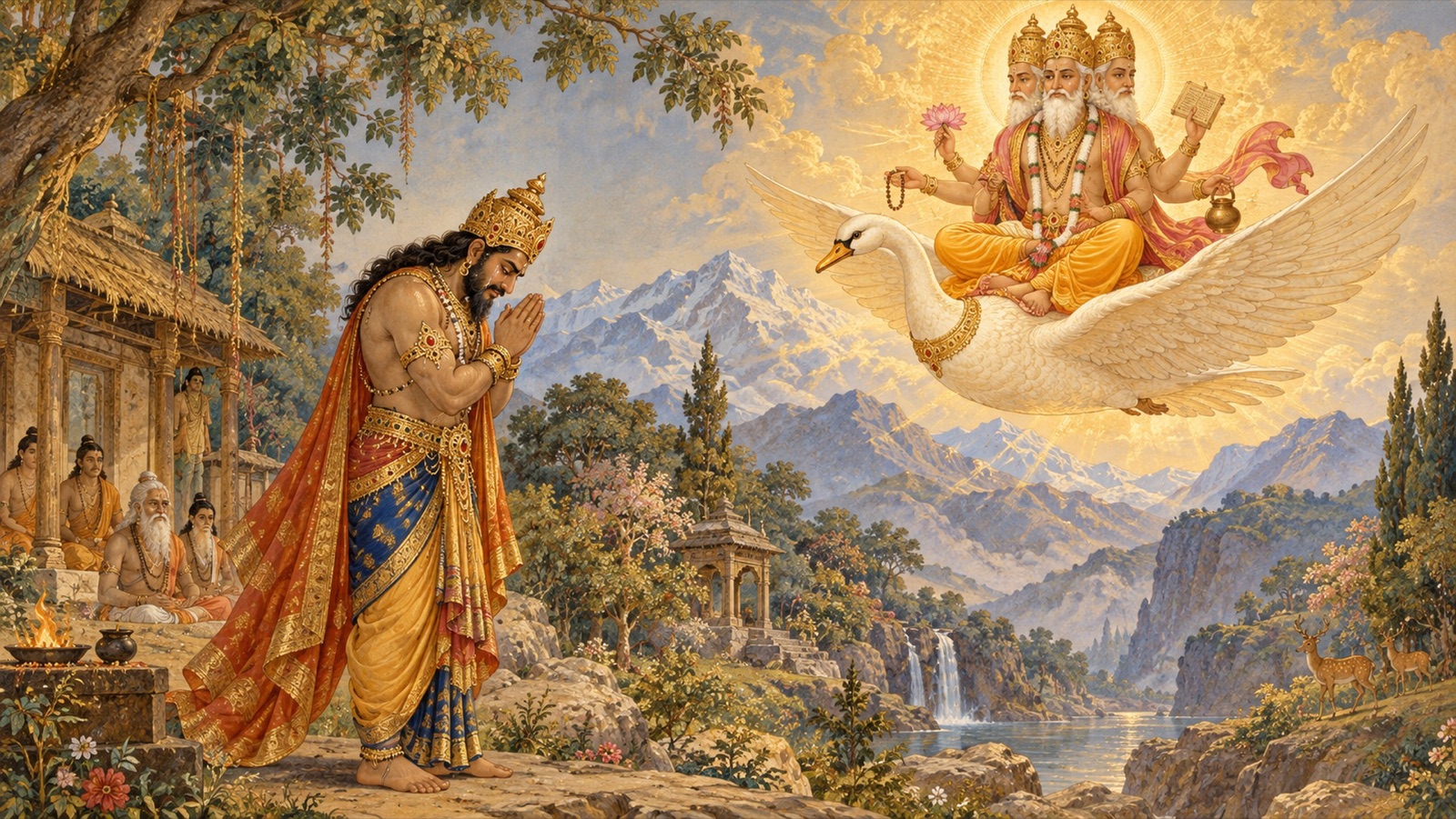 हिरण्यकशिपु हाथ जोड़े तथा विस्मय के अश्रु बहाते हुए ब्रह्मा की स्तुति करते हुए