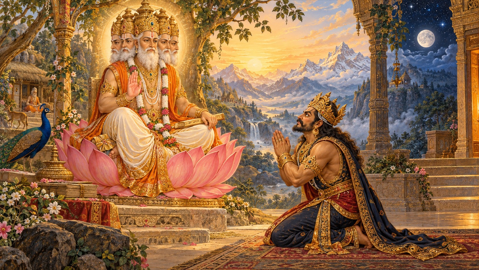 ब्रह्मा हिरण्यकशिपु को उसका चतुराई से गढ़ा गया निकट-अमरता का वरदान देते हुए