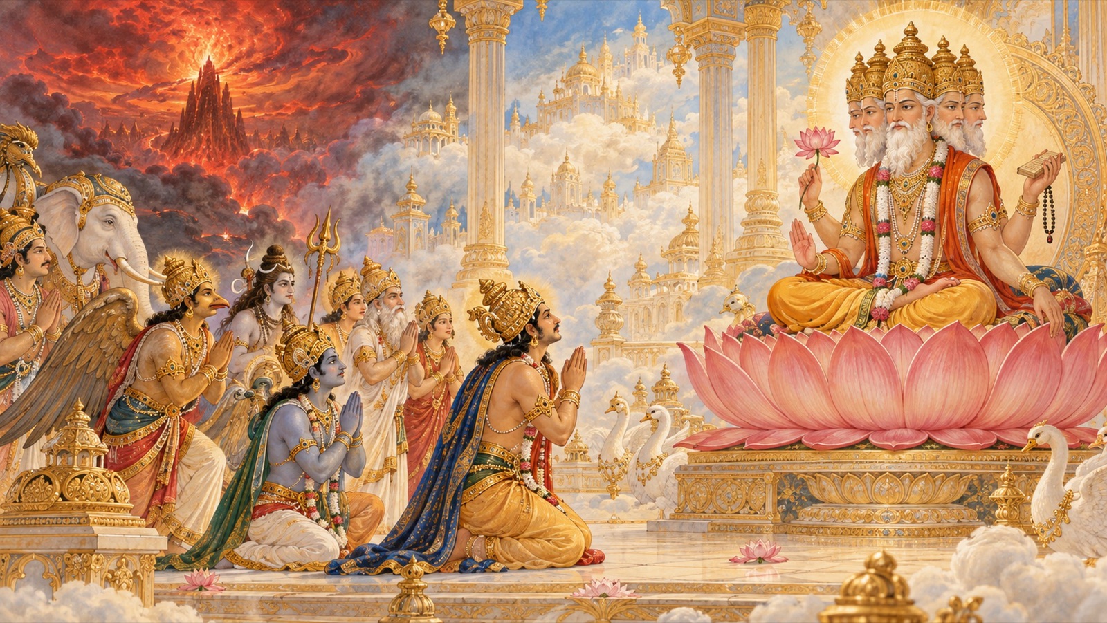 The gods fleeing the scorching heat of Hiranyakasipu's penance to beseech Brahma the Creator