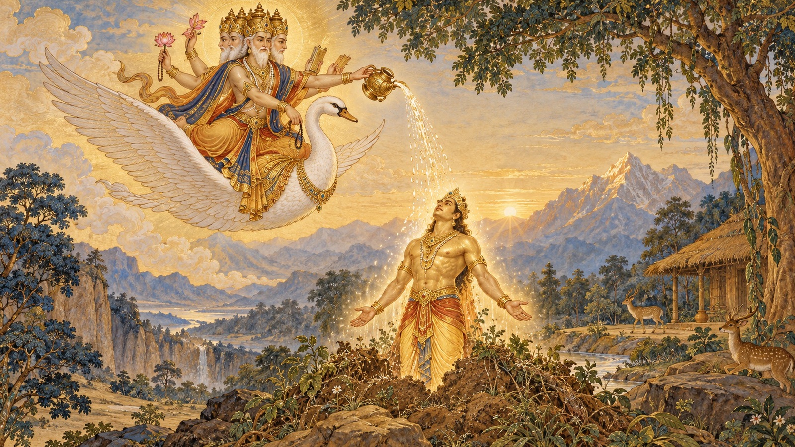 Brahma on his swan sprinkling sacred water on the emaciated ascetic Hiranyakasipu, who rises restored