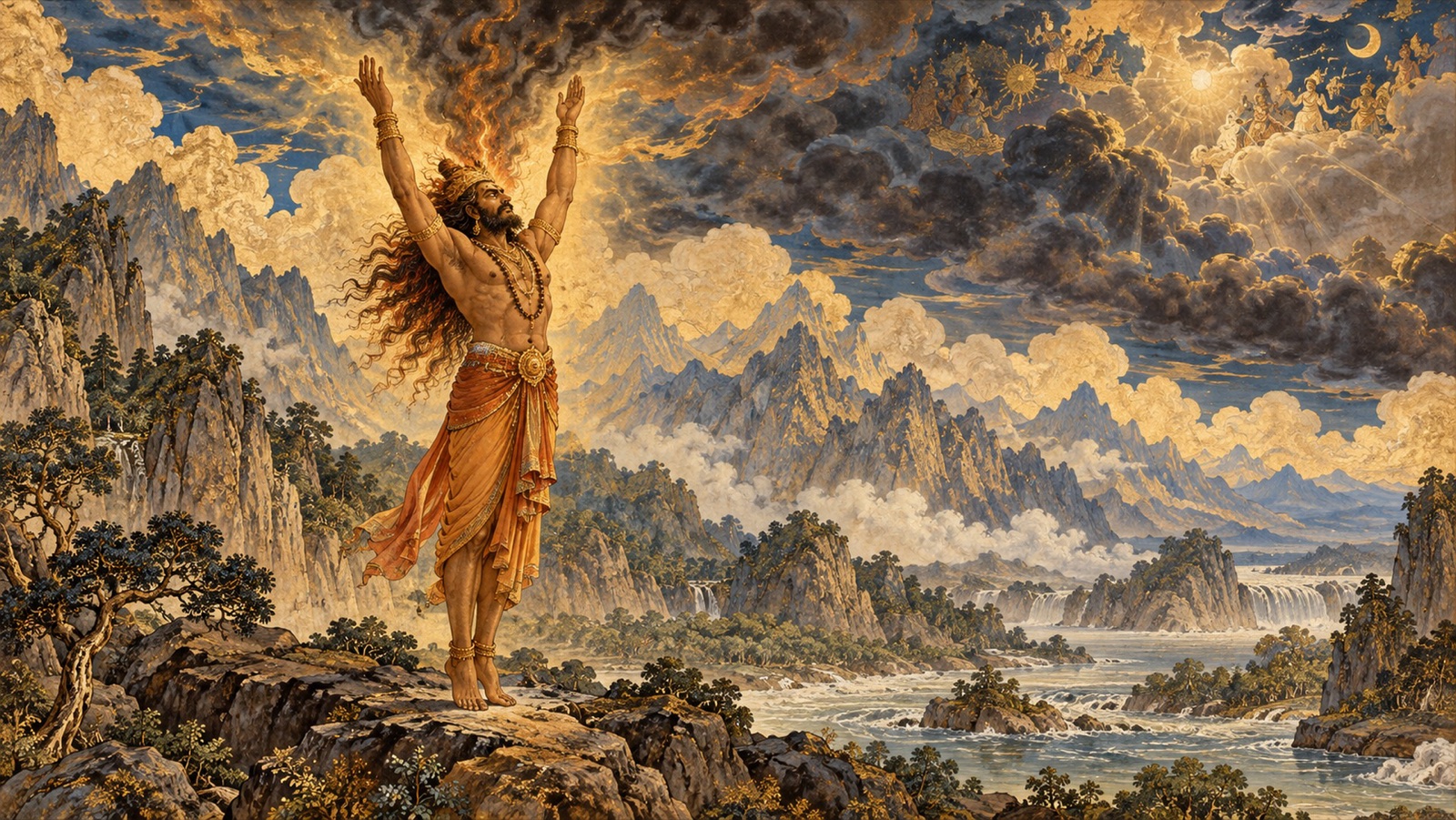 Hiranyakasipu performing severe austerities on Mount Mandara, arms raised to the sky