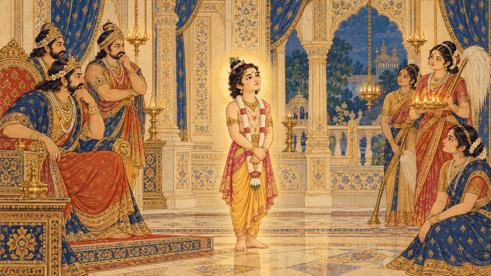 असुर-राज के घर में सन्त-शिशु प्रह्लाद, अपने परिजनों के बीच कोमल तथा समर्पित