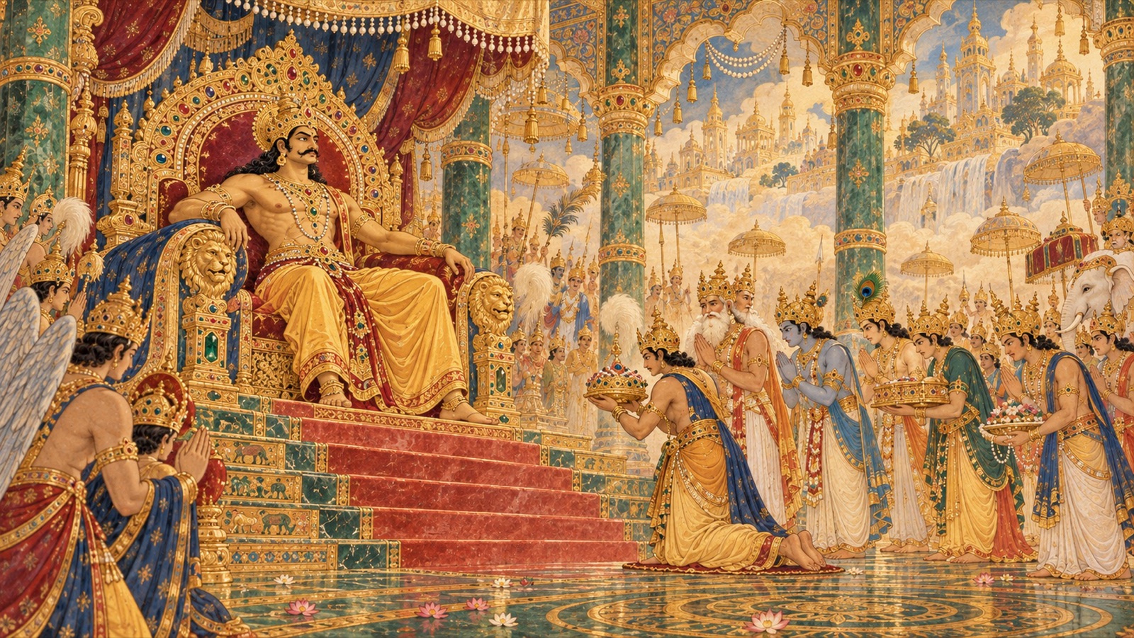 हिरण्यकशिपु इन्द्र के दिव्य महल में लोकों के एकमात्र सम्राट रूप में सिंहासन पर, देवता भेंट लाते हुए