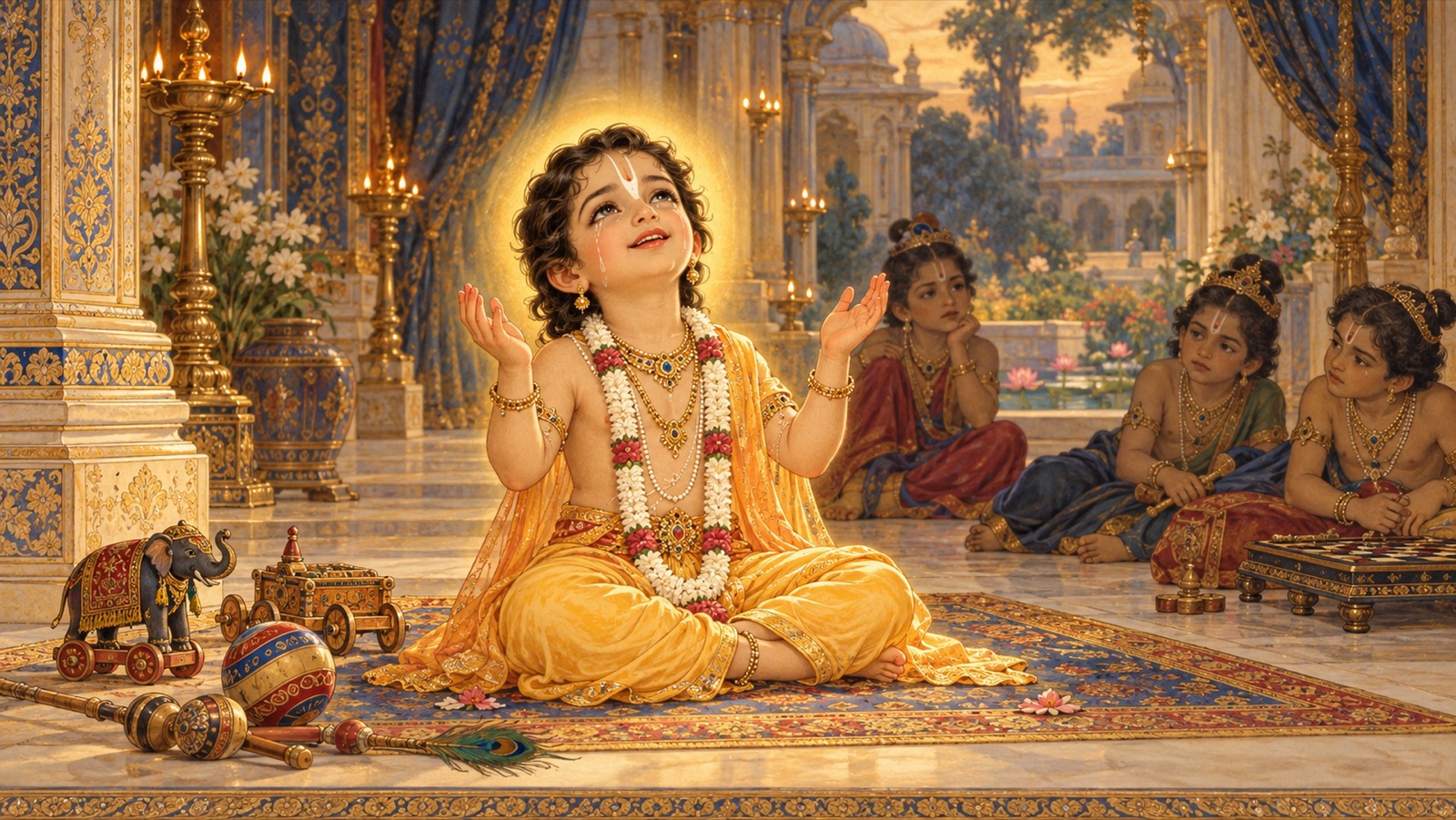 The child Prahlada absorbed in love of the Lord, having set aside his toys, lost in devotion