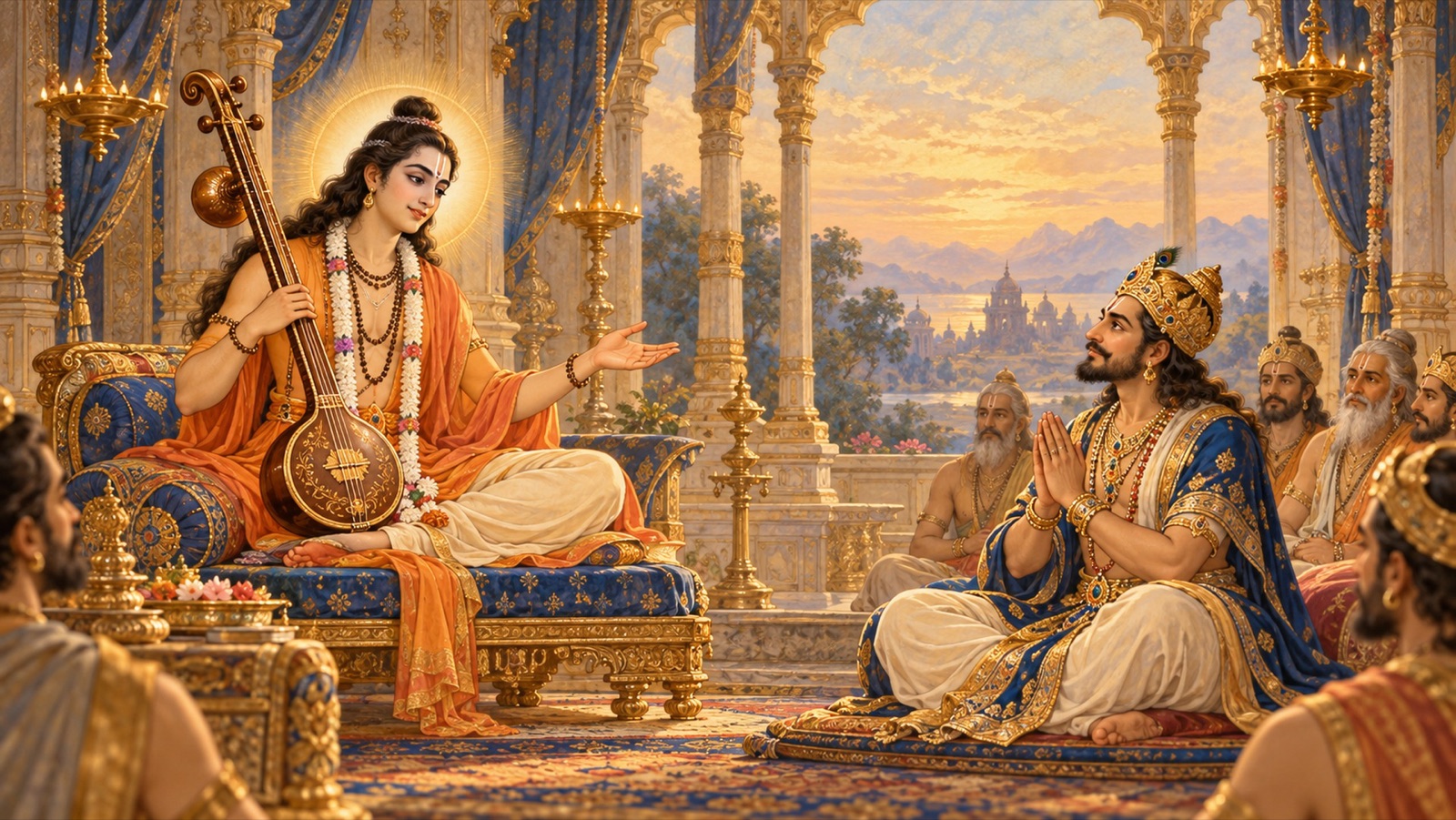 The sage Narada narrating the story of Prahlada to Emperor Yudhishthira