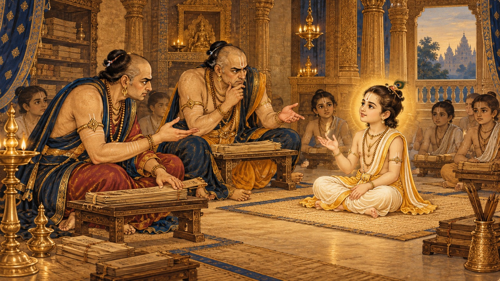 असुर-गुरु शण्ड तथा अमर्क अपनी पाठशाला में बालक प्रह्लाद से प्रश्न करते हुए