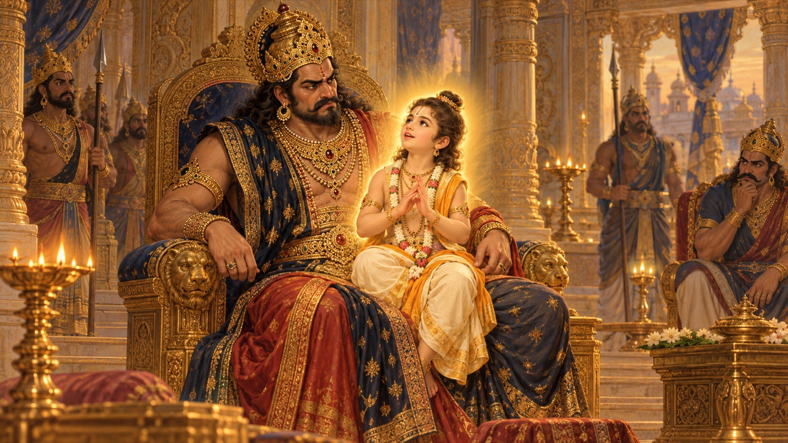 प्रह्लाद पिता की गोद में बैठकर भगवान् विष्णु की भक्ति के नौ रूप घोषित करते हुए