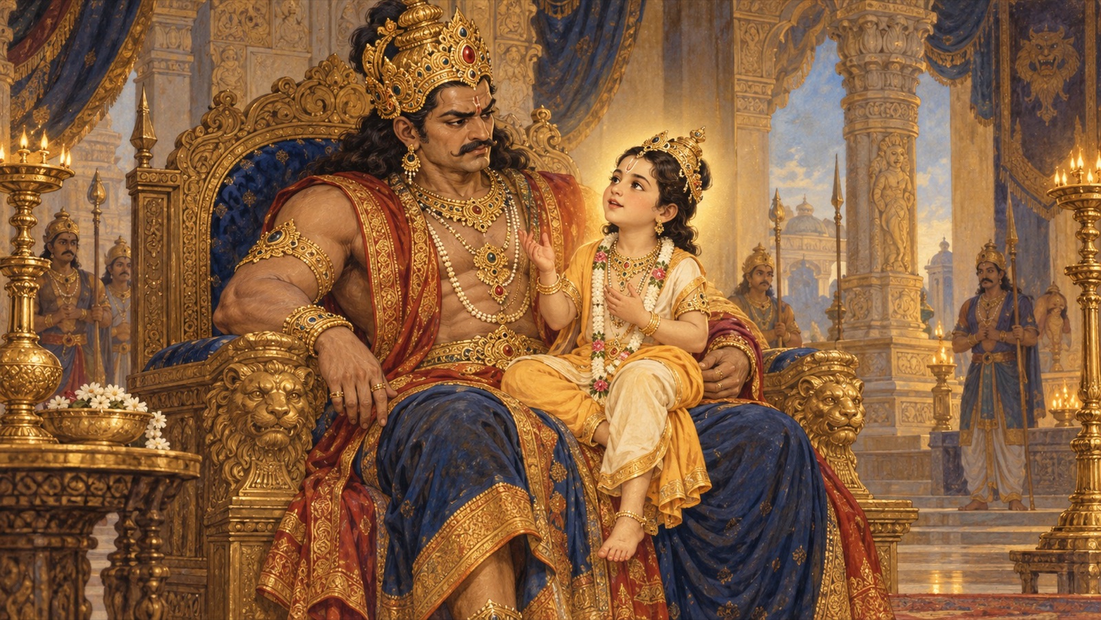 बालक प्रह्लाद अपने पिता हिरण्यकशिपु की गोद में बैठकर निर्भय होकर भगवान् हरि की भक्ति की बात करते हुए