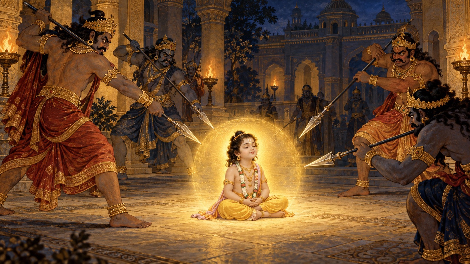 Demons striking at the seated Prahlada with spears, unable to harm him
