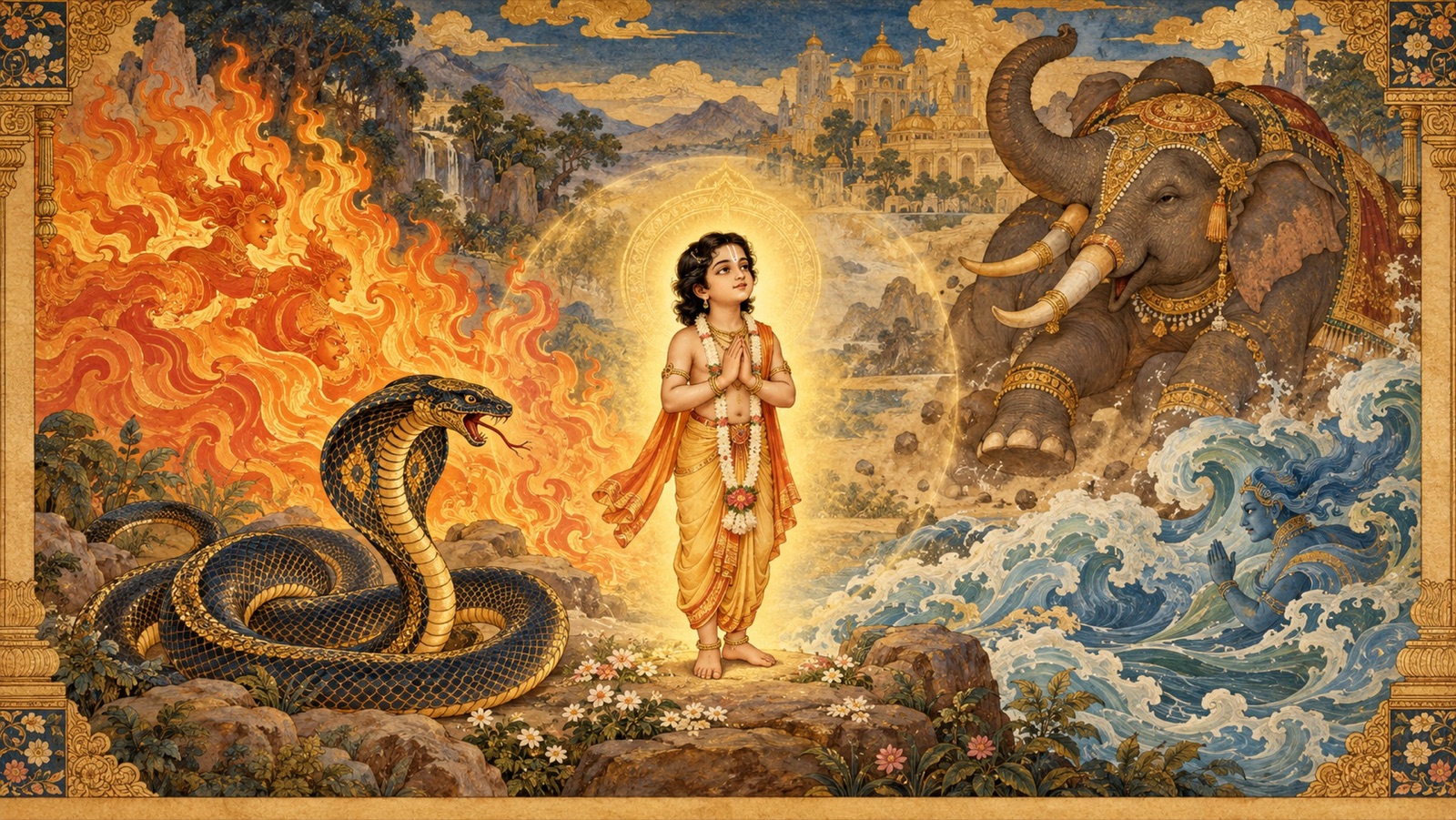 The boy Prahlada unharmed amid fire, serpents, and elephants, protected by the Lord