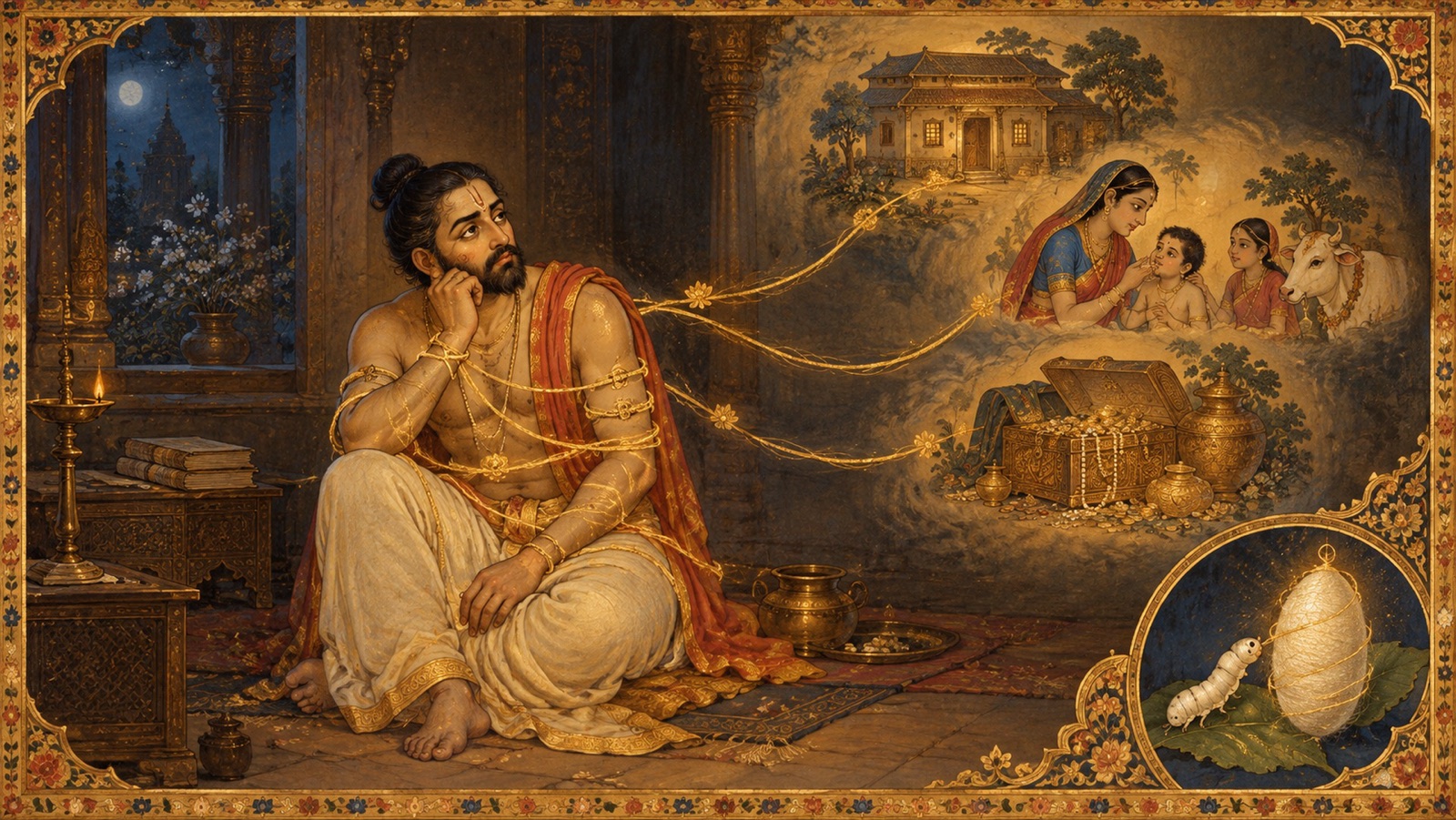 धन, घर तथा परिवार के प्रति आसक्ति के पाशों से बँधी आत्मा का प्रतीकात्मक चित्रण