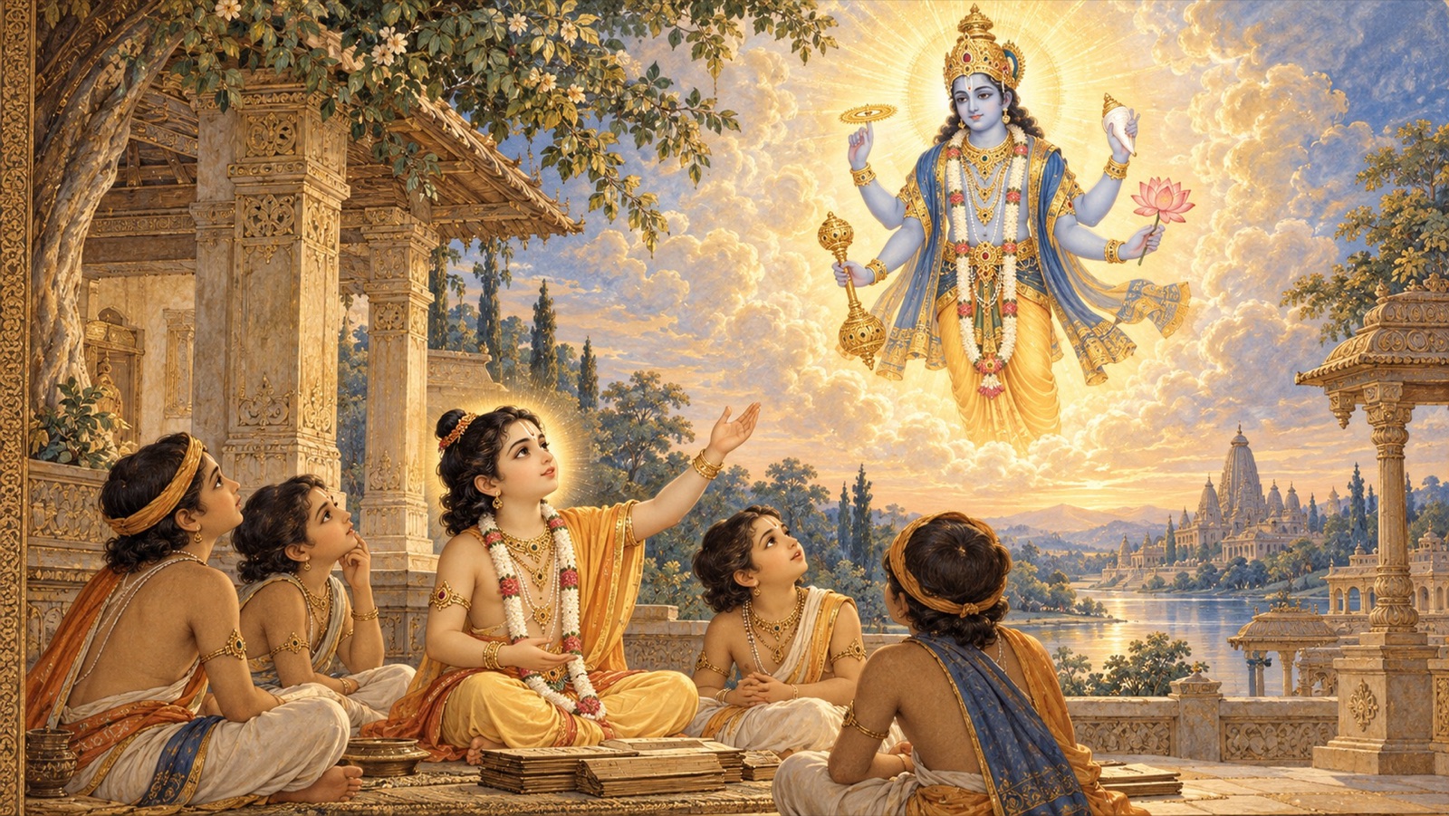 प्रह्लाद अपने साथियों को भगवान् नारायण की शरण लेने की ओर संकेत करते हुए, भगवान् के कोमल दर्शन सहित