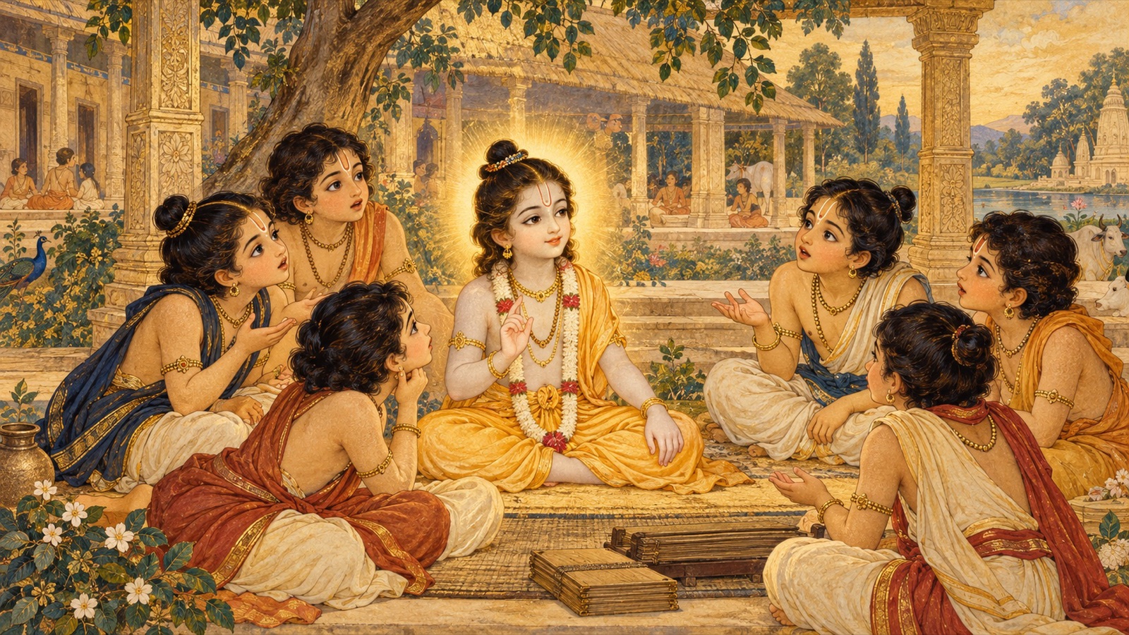 असुर-बालक प्रह्लाद से प्रश्न करते हुए, इस पर चकित कि उसने नारद से ज्ञान कैसे पाया