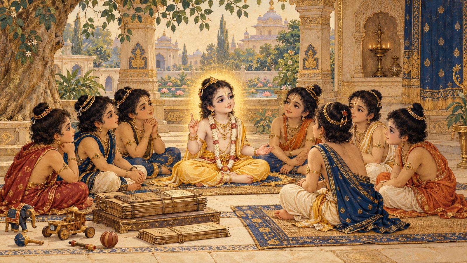 बालक प्रह्लाद अपने नन्हे असुर-सहपाठियों को उपदेश देते हुए जो ध्यानपूर्वक उसके चारों ओर एकत्र हैं